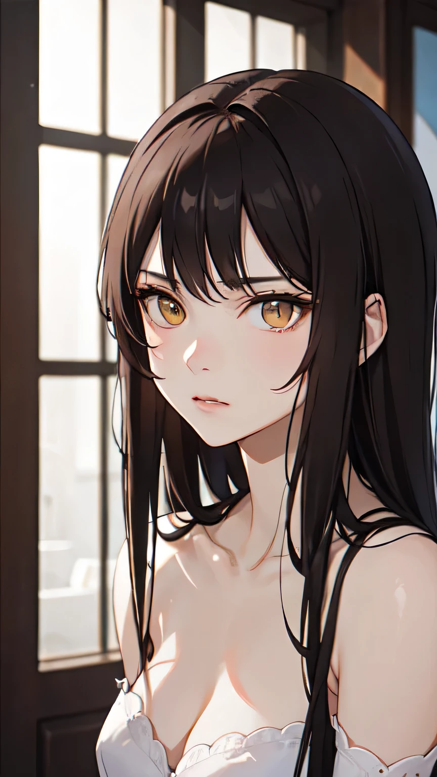 1 person, cold, neutral, strict, Indifferent look, princess, Straight brown hair, Long Hair, Gentle bright yellow eyes, Noble, Pale skin, Dull colors, Royal Outfits, 20-year-old, Adult face, Sharp focus, mature, alone, Blurred foreground, Cinema Lighting