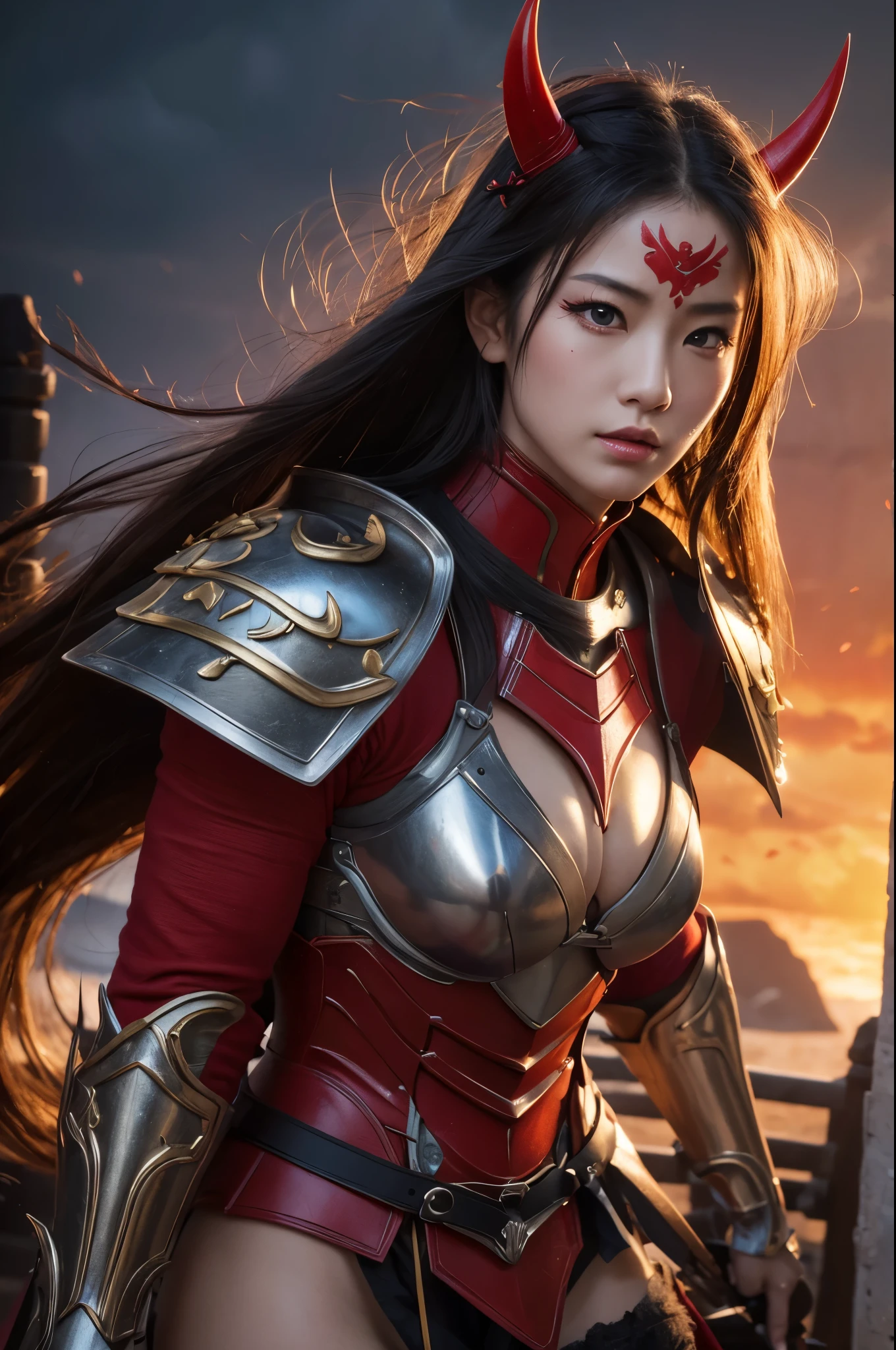 8k,(Samurai)、Devil Mask、Super Beauty(Like the real thing)、Red Armor Solo Adult Devil Woman、Muscular macho body type,Super Muscular Beauty,Bodybuilding,(Equipped with a long and large spear)、Mature Woman Big Woman Devil。Sturdy jaw(Like the real thing),Stand facing forward,Demon Armor,A wonderful work of art,((Kyoto Panel Style))、Wind effects:1.9、Cloud effect:1.2、Full Rendering,Devil makeup,masterpiece,Photorealistic RAW photos of the highest quality。Bright colors,Rich colors, Backlight, Cinema Lighting, Film Grain, 50mm lens, Nikon D850,Ultra-Realistic Skin,Fantasy art,Character Art,Ultra-high resolution,Realistic scale skins,Perfect hand shape,View your viewers,View your viewers,Top-down view,close,Uplifting,Dynamic fighting pose,Sexy chest,