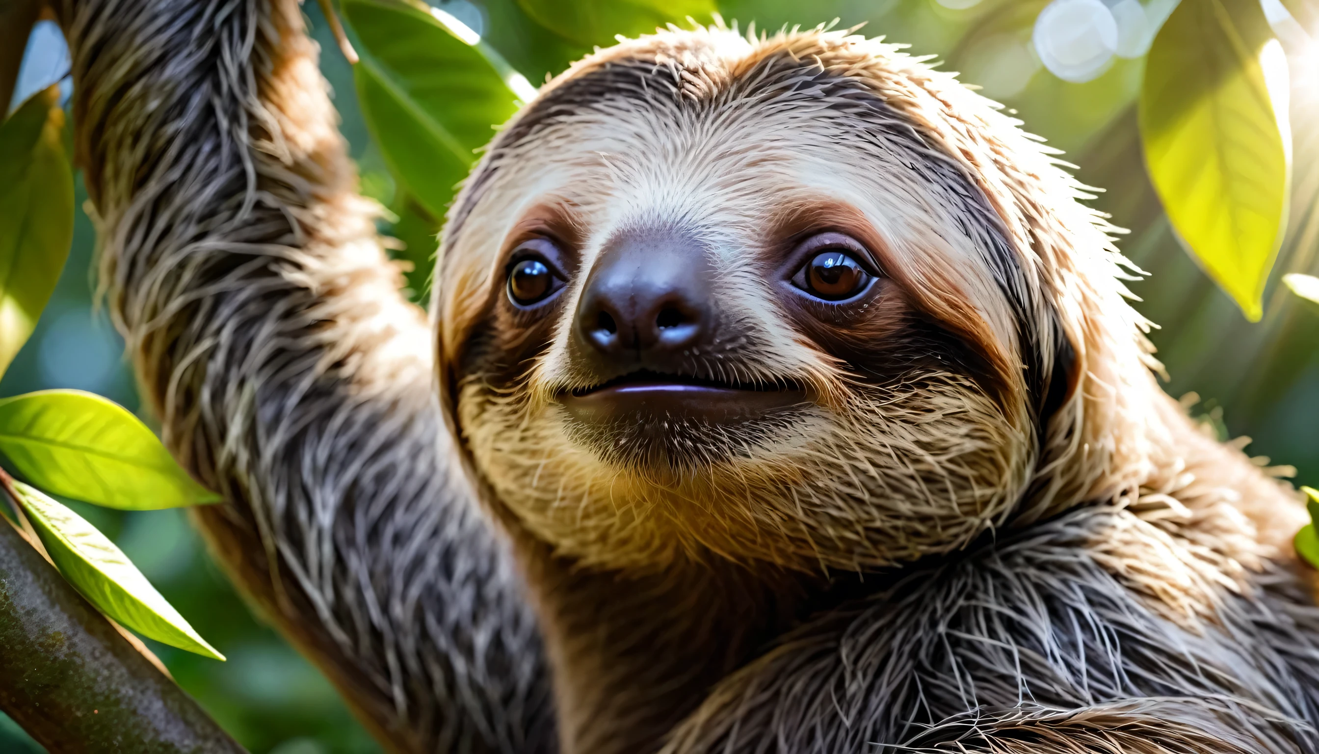 a cute sloth waking up on a tree branch, morning sun shining through the leaves, (best quality,4k,8k,highres,masterpiece:1.2),ultra-detailed,(realistic,photorealistic,photo-realistic:1.37),extremely detailed cute sloth face, long eyelashes, detailed fur texture, intricate leaf patterns, warm natural lighting, vibrant colors, lush greenery, soft focused background, cinematic composition