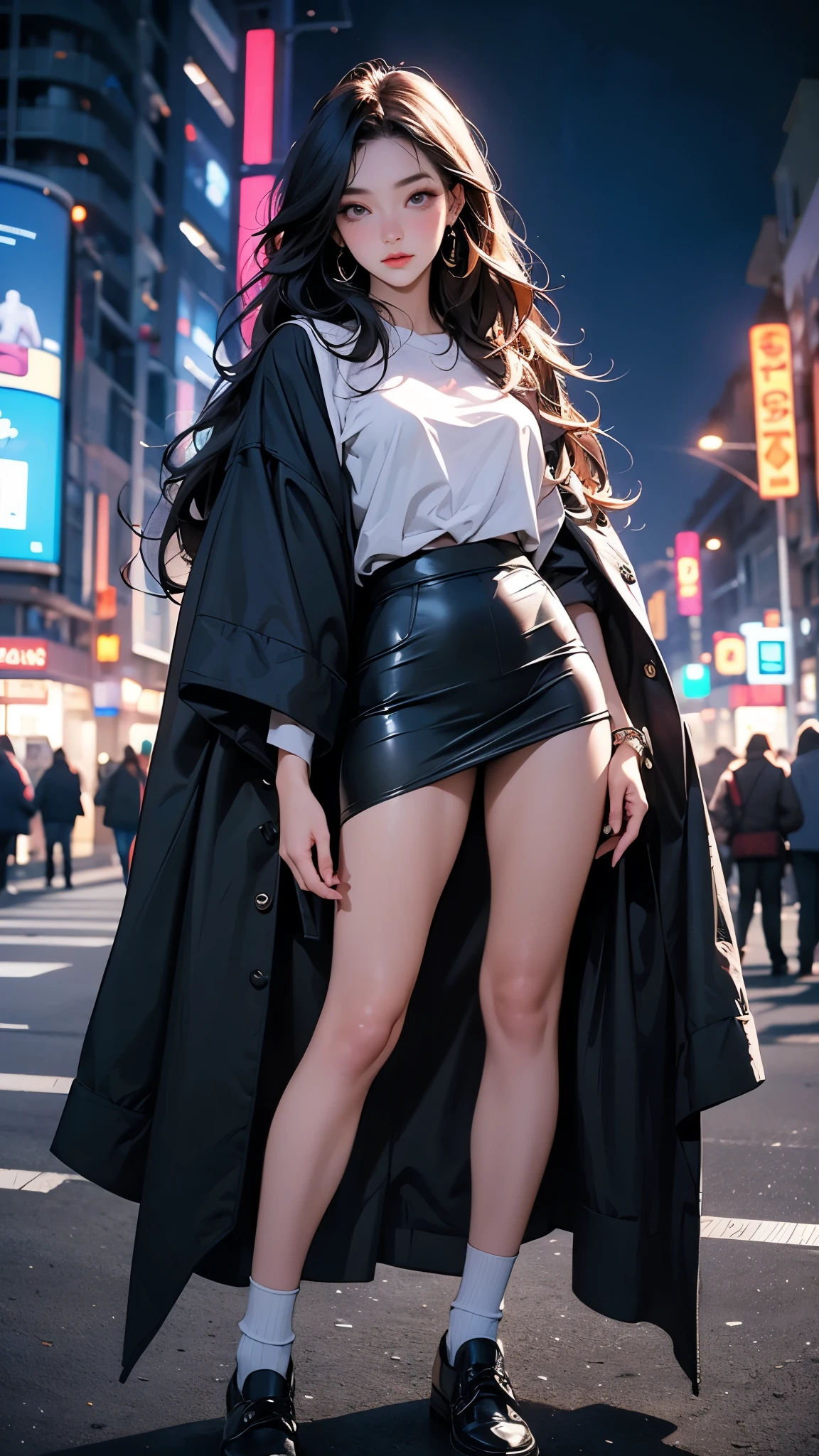 25-year-old young woman: 1.3, Long hair: 1.2, skirt: 1.2, square: 1.2, Light, Surrealism, Ultra HD, precise, Super Detail, Textured Skin, High Detail, best quality, 8K，Full body portrait，City night scene