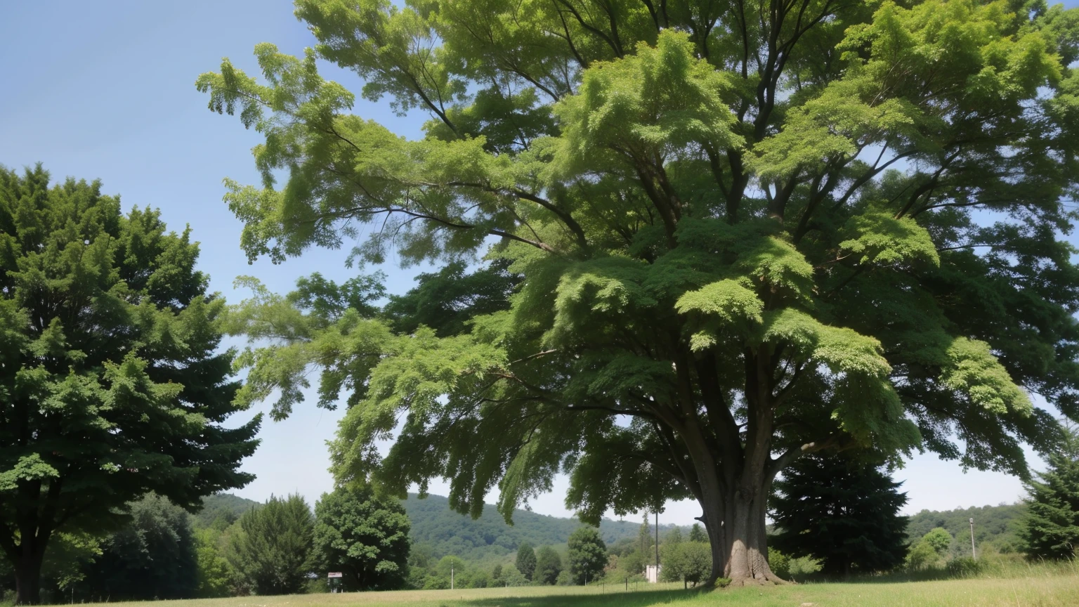 A green century-old locust tree stands in the wind,Leaves blowing in the wind