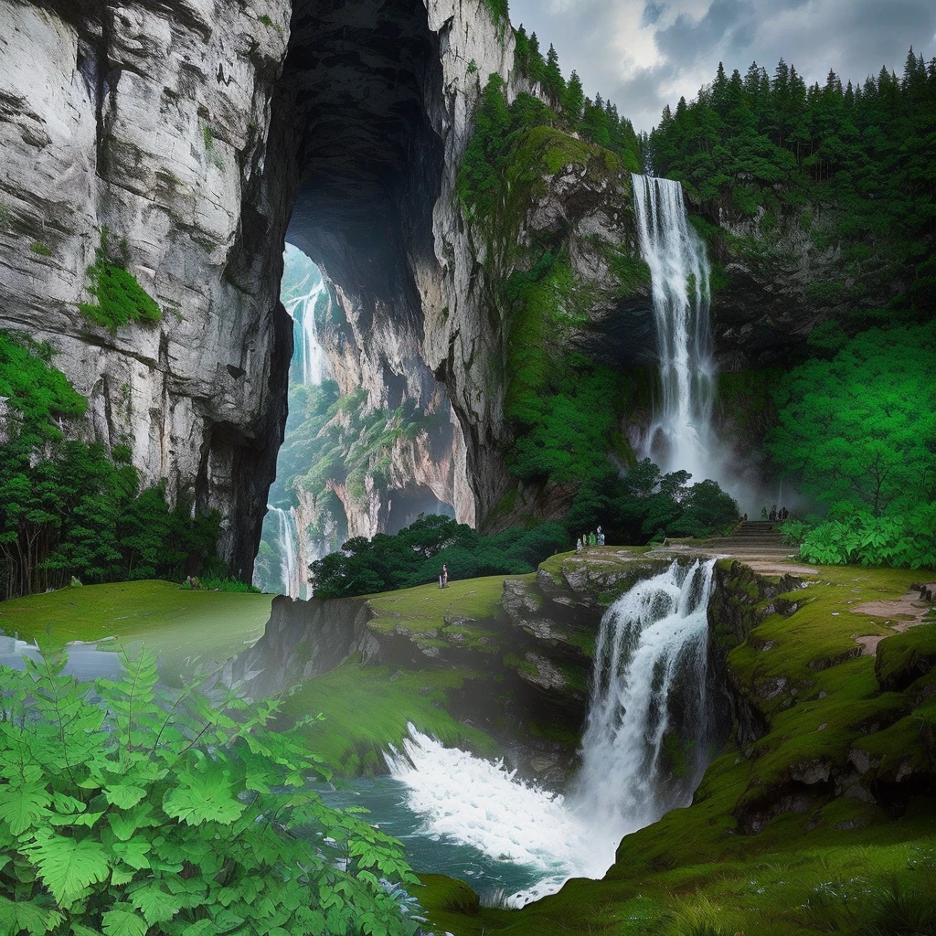 there is a waterfall that is flowing down a hill with a bridge, cave with waterfall, waterfall cave, stunning nature in background, majestic nature scenery, impressive fantasy landscape, forest and waterfall, with waterfalls and river, in a cave with the waterfall, waterfalls in the background, alien waterfall, waterfalls and lakes, immense waterfall, waterfall in the background, beautiful fantasy cave scene, foreground fern, lake on bottom