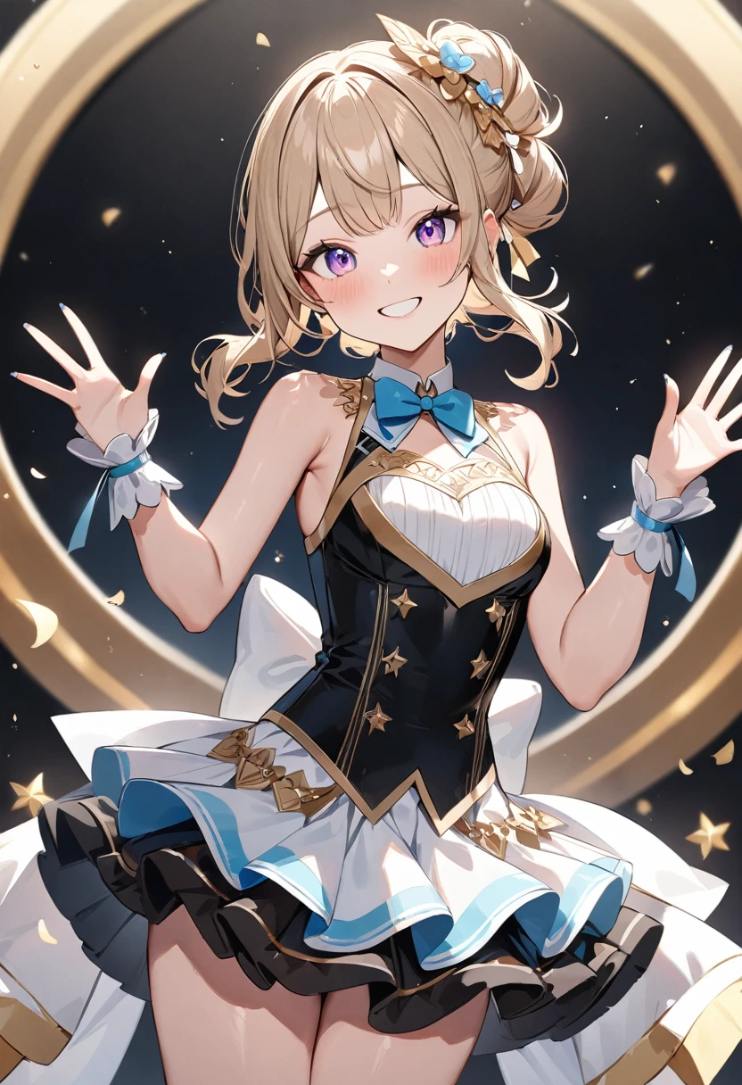 (masterpiece, top quality, very aesthetic, 4k、illustration), intricate detail, 1woman,、solo,contrapposto 、,(cowboy shot)、(),Cute、、waving、happy smile、Random Hairstyle、Random Hair Color、,middle hair,sidelock ,Random Color eyes、idol clothes、small breasts、Slim 、