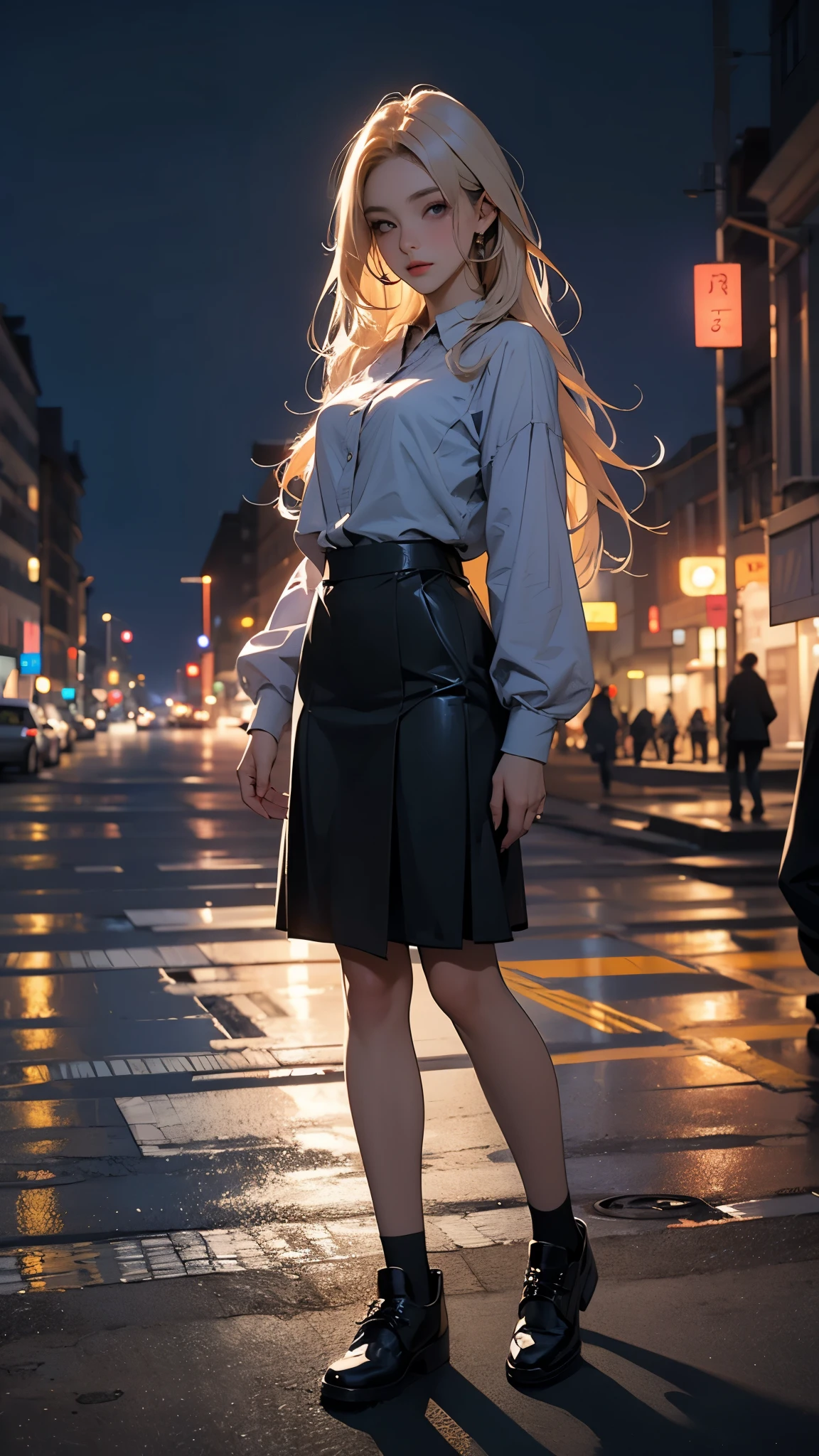 25-year-old young woman: 1.3, Long hair: 1.2, skirt: 1.2, square: 1.2, Light, Surrealism, Ultra HD, precise, Super Detail, Textured Skin, High Detail, best quality, 8K,Full body portrait,City night scene