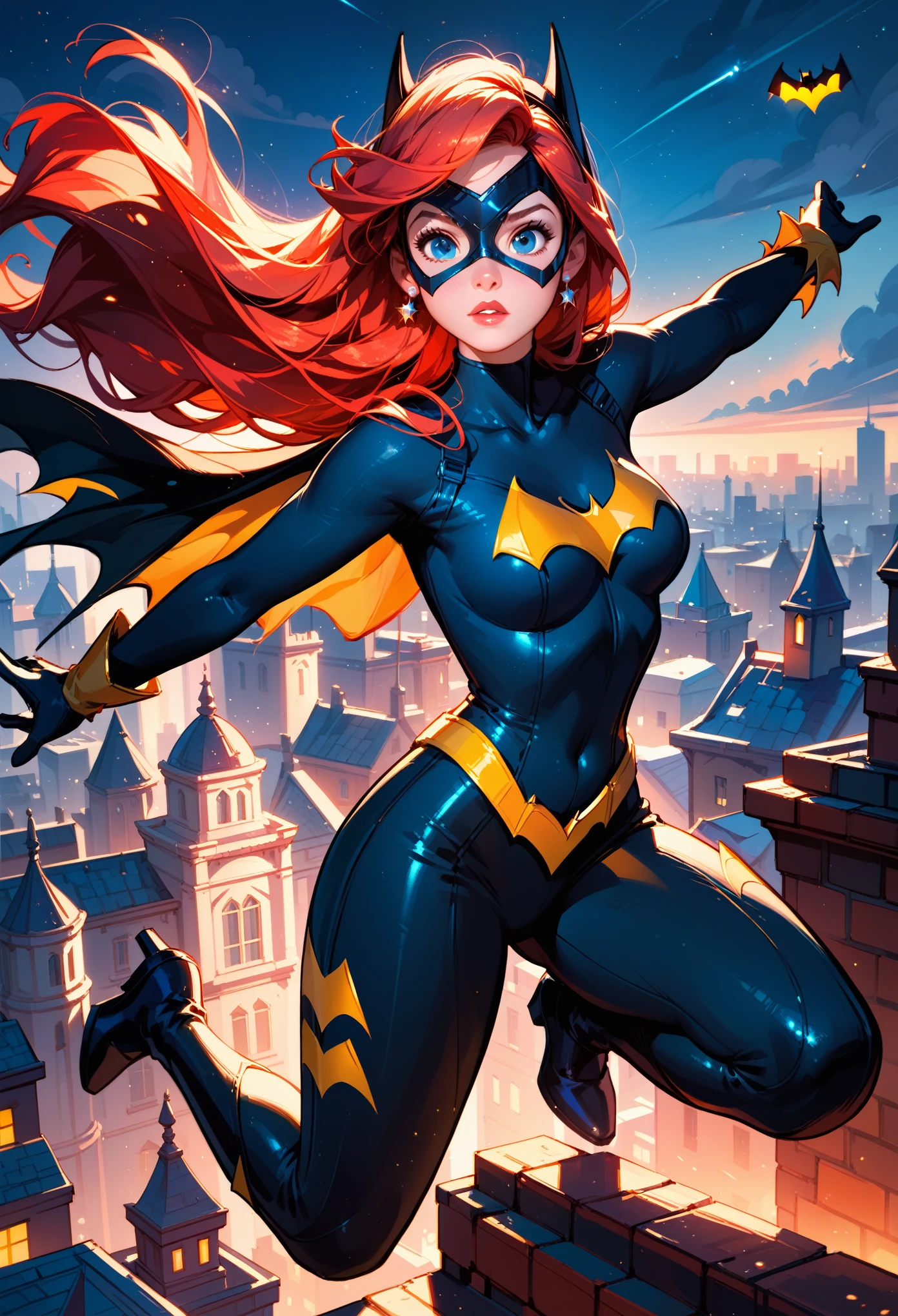 score_9, score_8_up, score_7_up, score_6_up, 1girl, solo, (Disney's Princess Ariel:1.3), wearing (Batgirl suit:1.2), (three quartershot:1.1), city rooftop, action poses, dynamic poses, night, cinematic lighting.