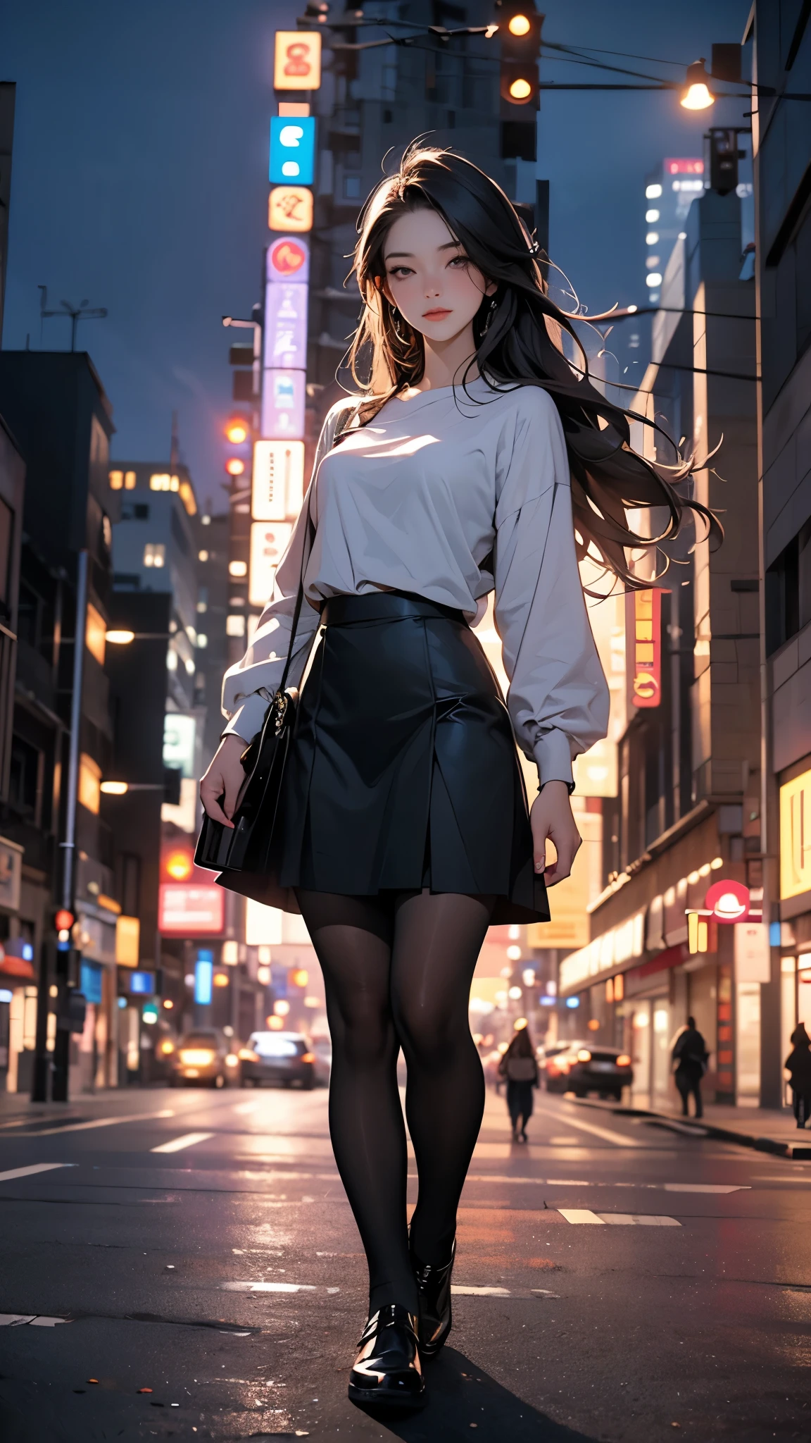 25-year-old young woman: 1.3, Long hair: 1.2, skirt: 1.2, square: 1.2, Light, Surrealism, Ultra HD, precise, Super Detail, Textured Skin, High Detail, best quality, 8K,Full body portrait,City night scene