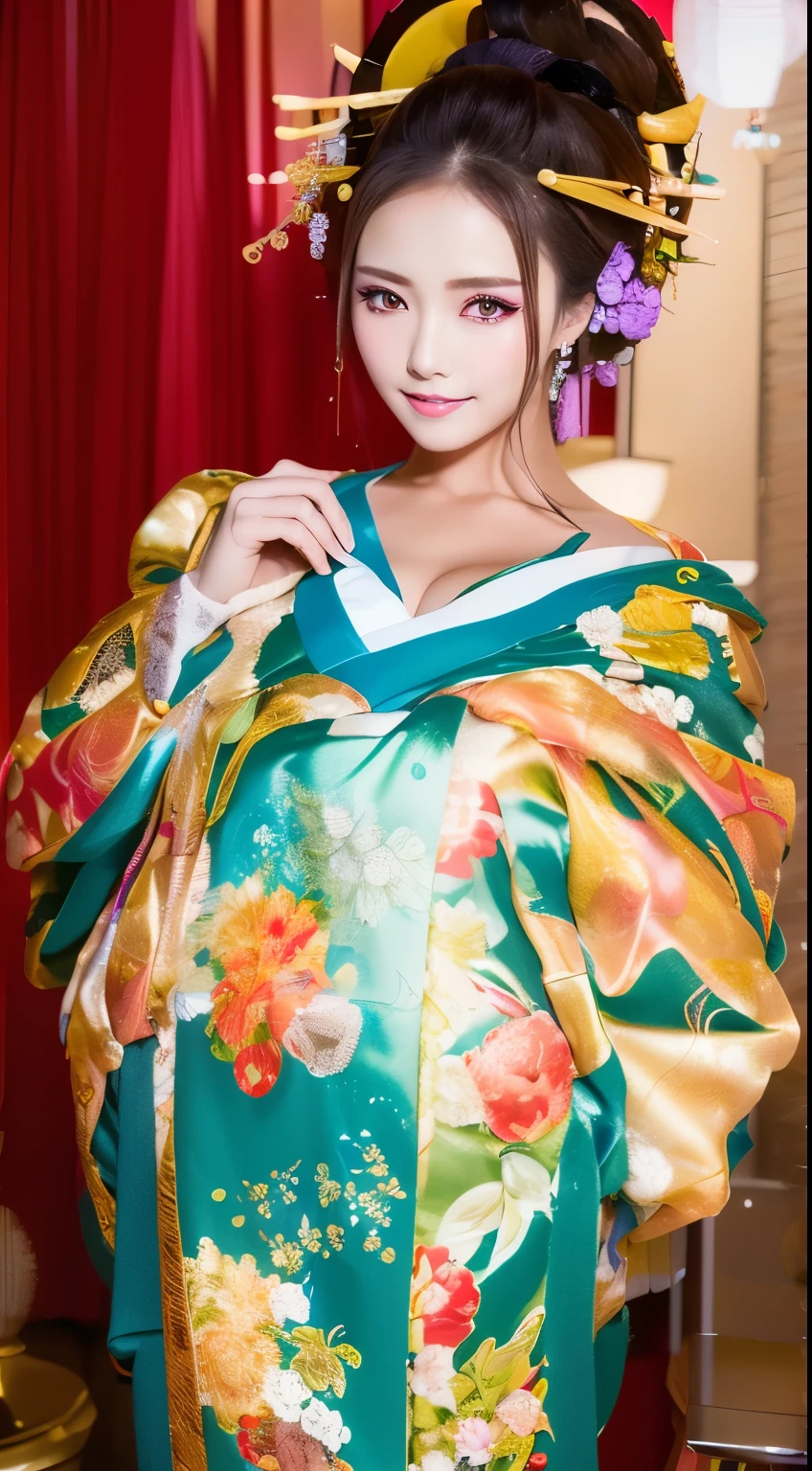 ((masterpiece(:1.4),Highest quality,Ultra-high resolution,Highest quality,8k,Extremely detailed,In detail))。night,Japanese,(A beautiful woman),glossy,slim,Large (1.6),sexymorous,Golden Ratio Style,Perfect Style,White powder applied to face and neck,Flashy gal makeup,Red light district,Bedroom,Oiran,Prostitute,outfit,Uchikake,Gold brocade,((A gorgeous kimono)),A cutting board belt tied in front,Hair tying,hairpin,hair ornaments,Gorgeous costumes,Beautiful standing posture,Presence,Exude sex appeal,