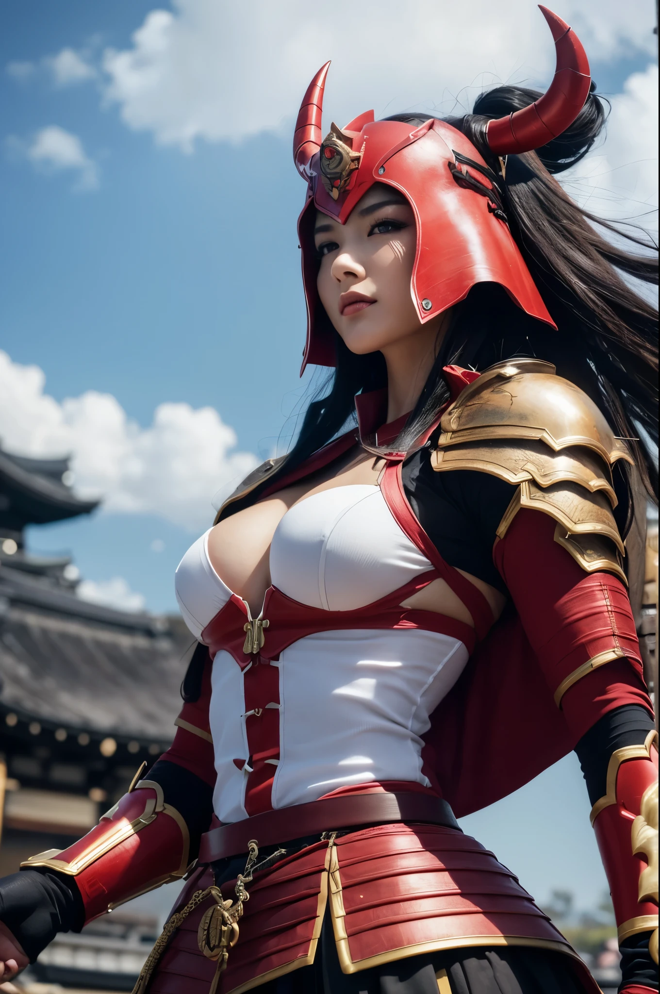 8k,(Samurai)、Devil Mask、Super Beauty(Like the real thing)、Red Armor Solo Adult Devil Woman、Muscular macho body type,Super Muscular Beauty,Bodybuilding,(Equipped with a long and large spear)、Mature Woman Big Woman Devil。Sturdy jaw(Like the real thing),Stand facing forward,Demon Armor,A wonderful work of art,((Kyoto Panel Style))、Wind effects:1.9、Cloud effect:1.2、Full Rendering,Devil makeup,masterpiece,Photorealistic RAW photos of the highest quality。Bright colors,Rich colors, Backlight, Cinema Lighting, Film Grain, 50mm lens, Nikon D850,Ultra-Realistic Skin,Fantasy art,Character Art,Ultra-high resolution,Realistic scale skins,Perfect hand shape,View your viewers,View your viewers,Top-down view,close,Uplifting,Dynamic fighting pose,Sexy chest,