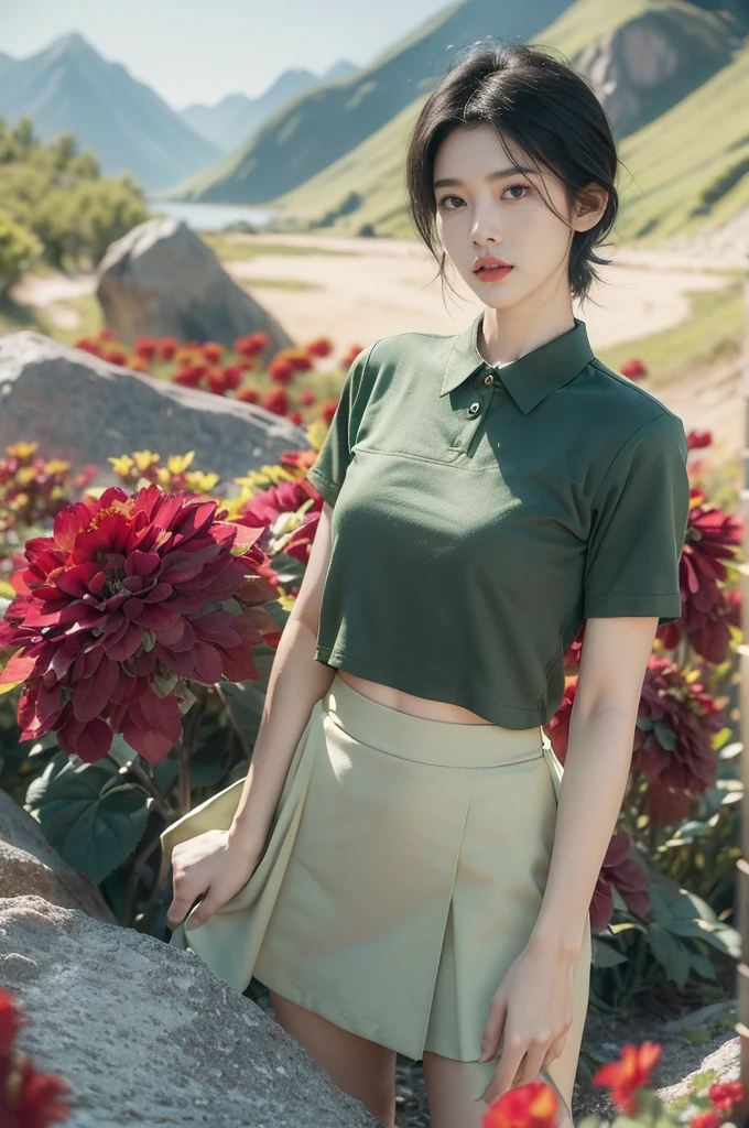 (((best quality))),(((ultra detailed))),(((masterpiece))),illustration,((1 beautiful girl,tomboy,solo)),(short black hair:1.3),((slim,thin)),((small breasts,thin)), vigorous, confident, (light green collared short-sleeved shirt:1.3), (dark green skirt:1.2),(slender legs:1.2),(standing:1.3),simplicity, robustness, strong features, (Abandoned Gobi Scene:1.3),(Rock surface:1.2),glowing eyes, rebellious, sensible, (mountainous landscape:1.3), (beside a vibrant red flower:1.3),elegance, unyielding spirit, youthful beauty, strength, resilience, adversity, challenges,((from front,upper body))