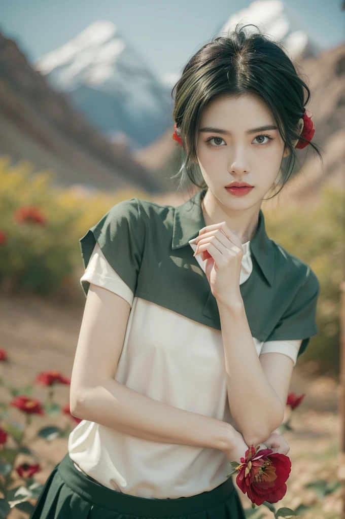 (((best quality))),(((ultra detailed))),(((masterpiece))),illustration,((1 beautiful girl,tomboy,solo)),(short black hair:1.3),((slim,thin)),((small breasts,thin)), vigorous, confident, (light green collared short-sleeved shirt:1.3), (dark green skirt:1.2),(slender legs:1.2),(standing:1.3),simplicity, robustness, strong features, (Abandoned Gobi Scene:1.3),(Rock surface:1.2),glowing eyes, rebellious, sensible, (mountainous landscape:1.3), (beside a vibrant red flower:1.3),elegance, unyielding spirit, youthful beauty, strength, resilience, adversity, challenges,((from front,upper body))