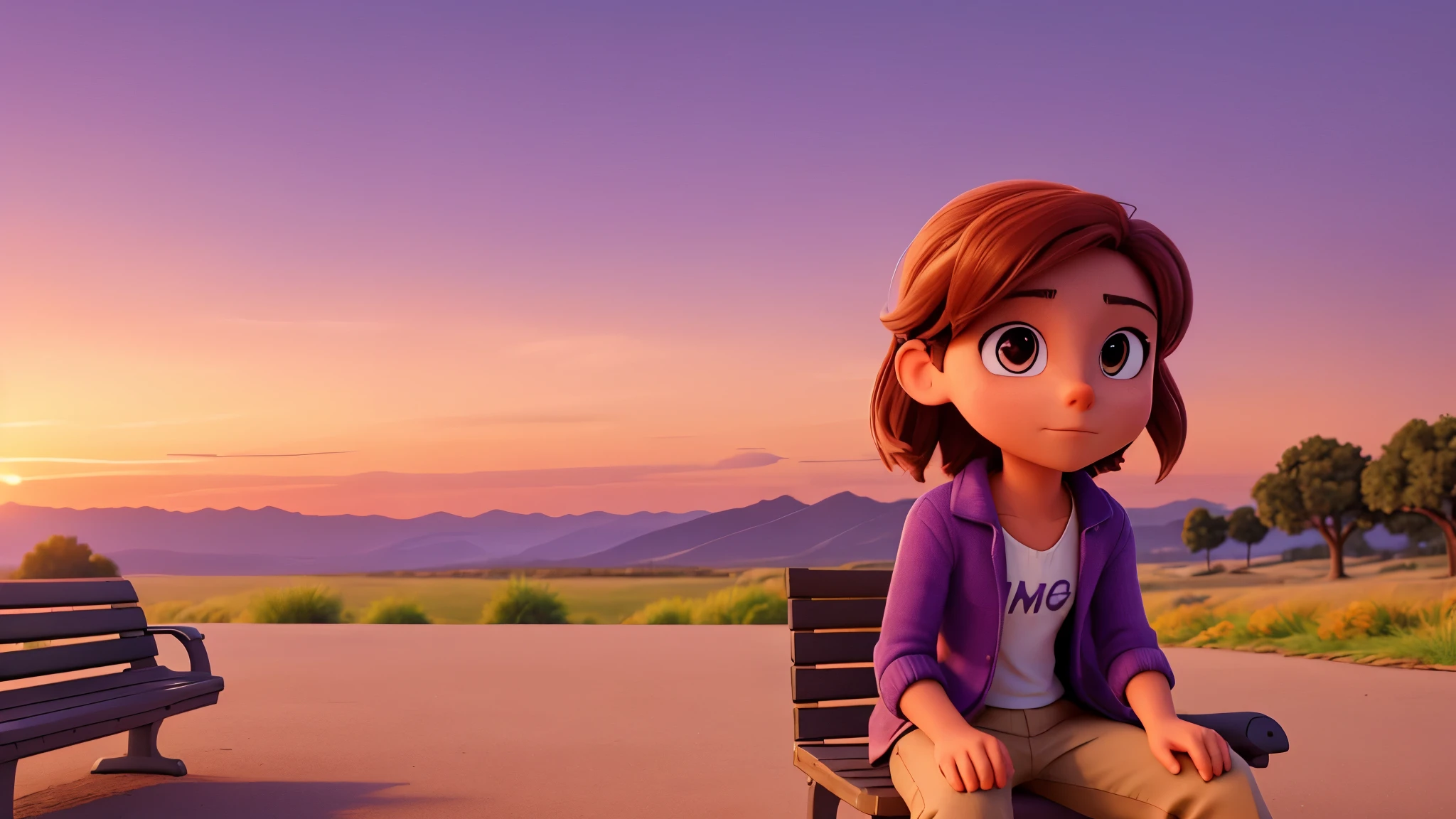 imageio : A person sitting alone on a park bench at sunset, looking towards the horizon. The sky is in shades of orange and purple, suggesting the end of a difficult day. The person&#39;s expression is contemplative, conveying a mix of concern and hope.