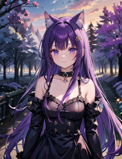 Cheshire Cat, metallic choker, Long Hair, Medium Hair, Purple Hair, Animal ears, Cat Ear Original, One girl, (alone), scenery, scene, Red tree, forest, lake, autumn,