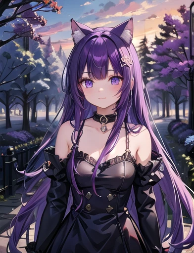 Cheshire Cat, metallic choker, Long Hair, Medium Hair, Purple Hair, Animal ears, Cat Ear Original, One girl, (alone), scenery, scene, Red tree, forest, lake, autumn,