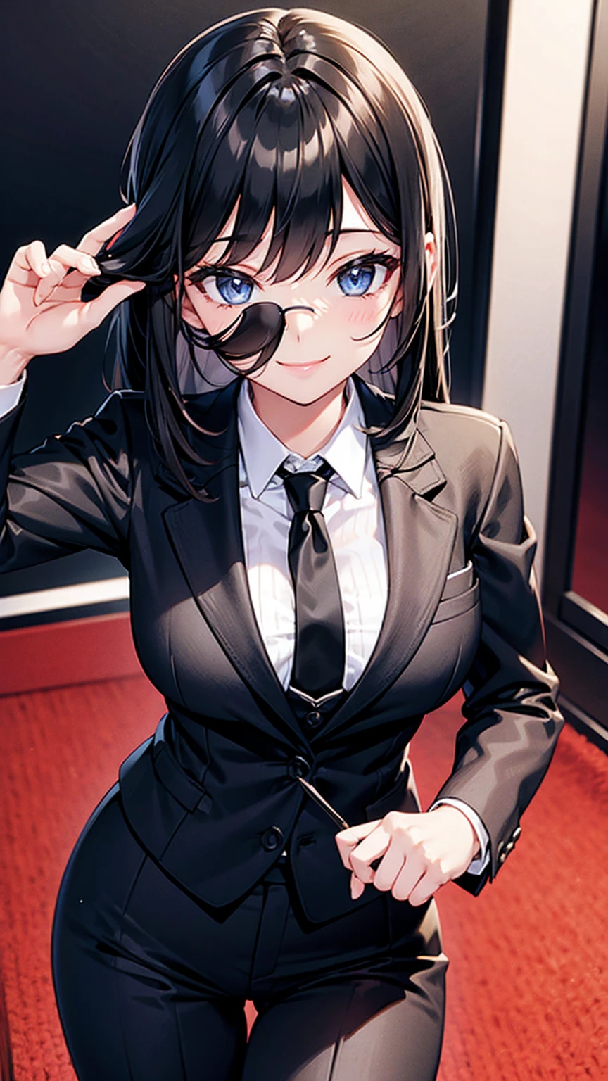 Sexy woman in a black suit tie smile