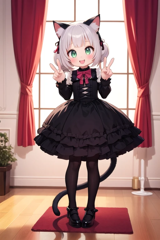 One girl,Cat girl,Animal ears,tail,View your viewers,A big smile,peace sign,Gothic Lolita,Colorful cute room,Heart Items,Lots of ribbons,Are standing,whole body,