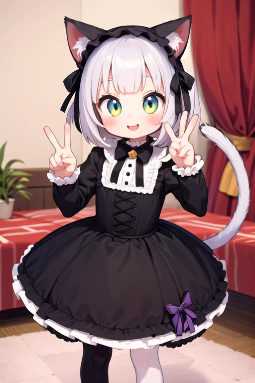 One girl,Cat girl,Animal ears,tail,View your viewers,A big smile,peace sign,Gothic Lolita,Colorful cute room,Heart Items,Lots of ribbons,Are standing,whole body,