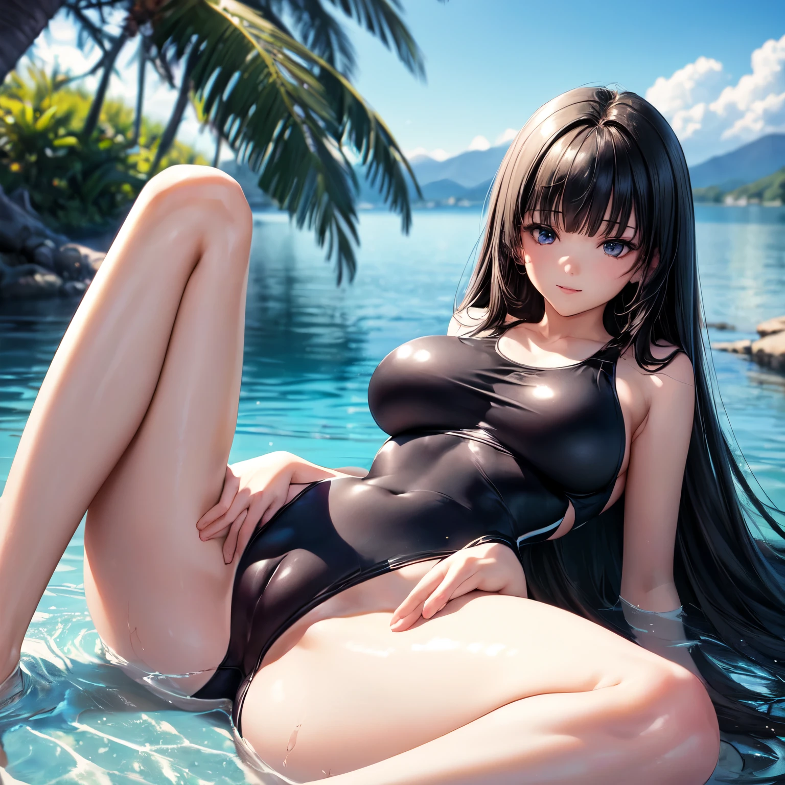 (((4K,masterpiece,best quality,ultra detailed,high resolution))),(daytime,clear weather,front light),((solo)),(beautiful woman,age),(black hair,long hair,blunt bangs,straight hair),(beautiful face,beautiful eyes),(finely detailed skin,fair skin),light smile,(one-piece competition swimsuit),(beautiful lake,beautiful sky),(big breast,medium hip),sitting,((legs up,spread legs)),(cameltoe,spread pussy),