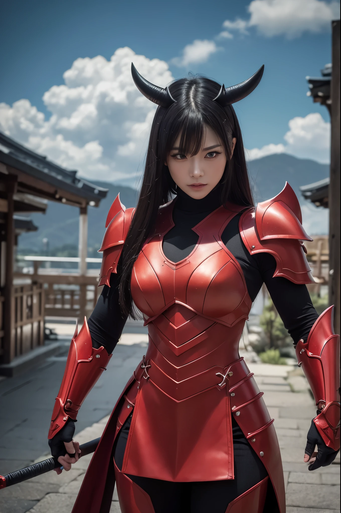 8k,(Samurai)、Devil Mask、Super Beauty(Like the real thing)、Red Armor Solo Adult Devil Woman、Muscular macho body type,Super Muscular Beauty,Bodybuilding,(Equipped with a long and large spear)、Mature Woman Big Woman Devil。Sturdy jaw(Like the real thing),Stand facing forward,Demon Armor,A wonderful work of art,((Kyoto Panel Style))、Wind effects:1.9、Cloud effect:1.2、Full Rendering,Devil makeup,masterpiece,Photorealistic RAW photos of the highest quality。Bright colors,Rich colors, Backlight, Cinema Lighting, Film Grain, 50mm lens, Nikon D850,Ultra-Realistic Skin,Fantasy art,Character Art,Ultra-high resolution,Realistic scale skins,Perfect hand shape,View your viewers,View your viewers,Top-down view,close,Uplifting,Dynamic fighting pose,