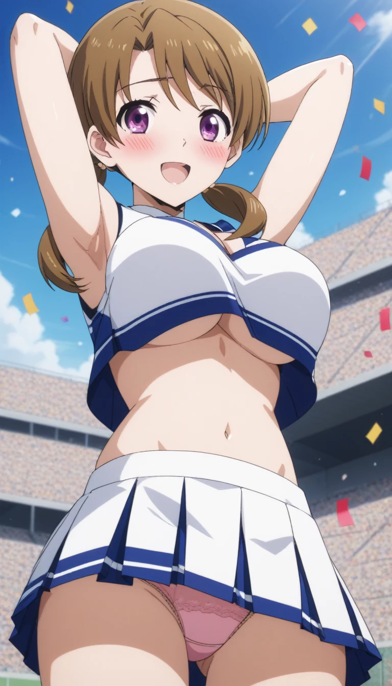 score_9, score_8_up, score_7_up, rating_explicit, 1girl, solo, honoka mitsui, mahouka koukou no rettousei, mitsui honoka, purple eyes, brown hair, medium hair, twintails, low twintails, large breasts, cheerleader, sleeveless, crop top, crop top overhang, skirt, miniskirt, pleated skirt, white shirt, white skirt, bare legs, armpits, cleavage, underboob, ass visible through thighs, thigh gap, upskirt, underwear, panties, crotch seam, pink panties, pantyshot, cowboy shot, arms up, arms behind head, looking at viewer, from below, looking down, outdoors, blue sky, confetti, blush, smile, :d, open mouth