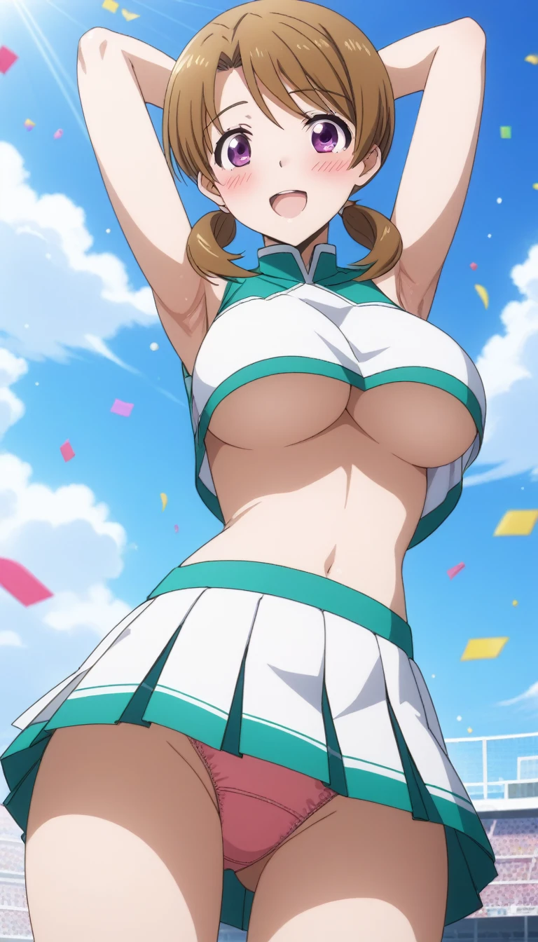 score_9, score_8_up, score_7_up, rating_explicit, 1girl, solo, honoka mitsui, mahouka koukou no rettousei, mitsui honoka, purple eyes, brown hair, medium hair, twintails, low twintails, large breasts, cheerleader, sleeveless, crop top, crop top overhang, skirt, miniskirt, pleated skirt, white shirt, white skirt, bare legs, armpits, cleavage, underboob, ass visible through thighs, thigh gap, upskirt, underwear, panties, crotch seam, pink panties, pantyshot, cowboy shot, arms up, arms behind head, looking at viewer, from below, looking down, outdoors, blue sky, confetti, blush, smile, :d, open mouth