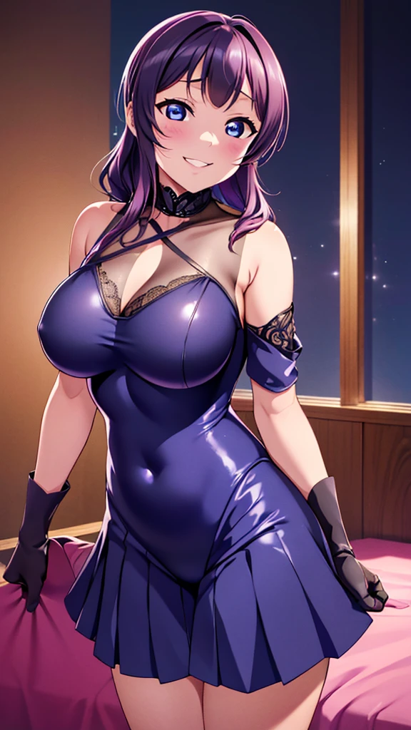 night、lovelive Asaka fruit forest、Black Background、Evil background、Hotel Bedroom、Sensual pink light、A shiny navy blue rubber suit that wraps around the body、tall、Upper Body、adult、Black long gloves、Upper Body、Evil female warrior、Fantasy、Condescending smile、Fallen into evil、Fall into Darkness