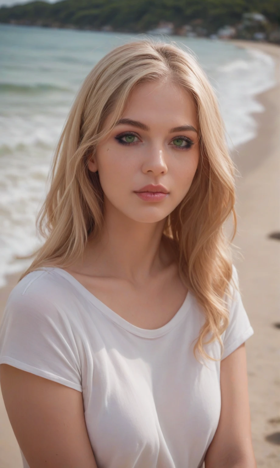 score_9, score_8_up, score_7_up, score_6_up, score_5_up, score_4_up, realistic style, photo, photorealistic, high detail,  curvy blonde, bob hairstyle, light hair, round face, green eyes, very full lips, delicate makeup, pink lips, looking at viewer, wearing a white T-shirt, ((white thongs)),  on the beach, sunny day, tag1, tag2