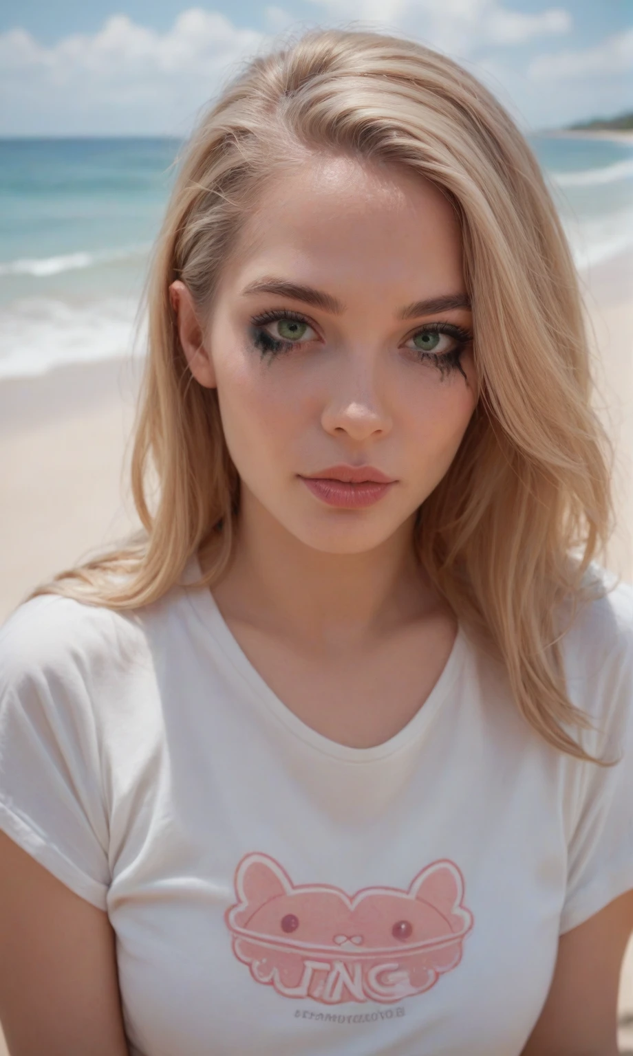 score_9, score_8_up, score_7_up, score_6_up, score_5_up, score_4_up, realistic style, photo, photorealistic, high detail,  curvy blonde, bob hairstyle, light hair, round face, green eyes, very full lips, delicate makeup, pink lips, looking at viewer, wearing a white T-shirt, ((white thongs)),  on the beach, sunny day, tag1, tag2