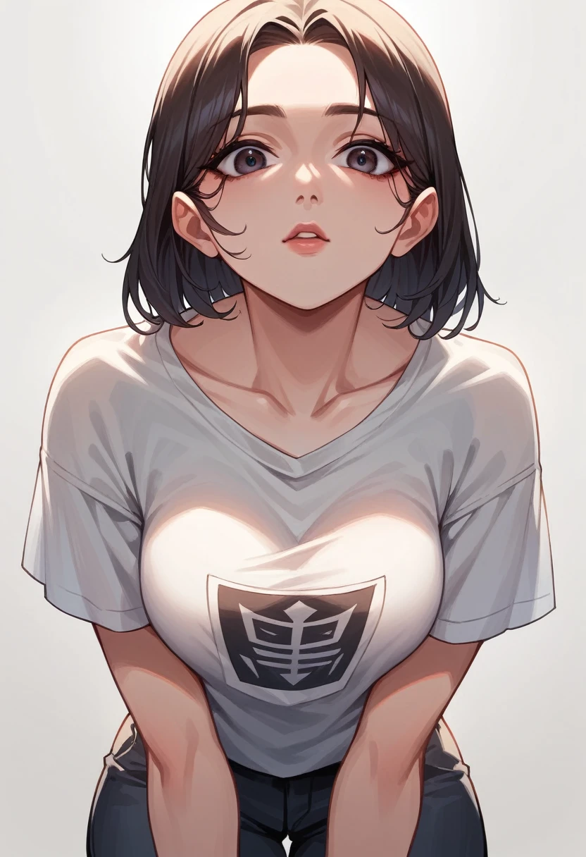 (((masterpiece, high resolution))), beautiful woman, Korean Beauty, 20 years old, beautiful assassin, beautiful woman, white background, looking at me, high resolution face, (high resolution eyes), Oversized T-shirt with a loose fit、Leaning forward、Modest chest