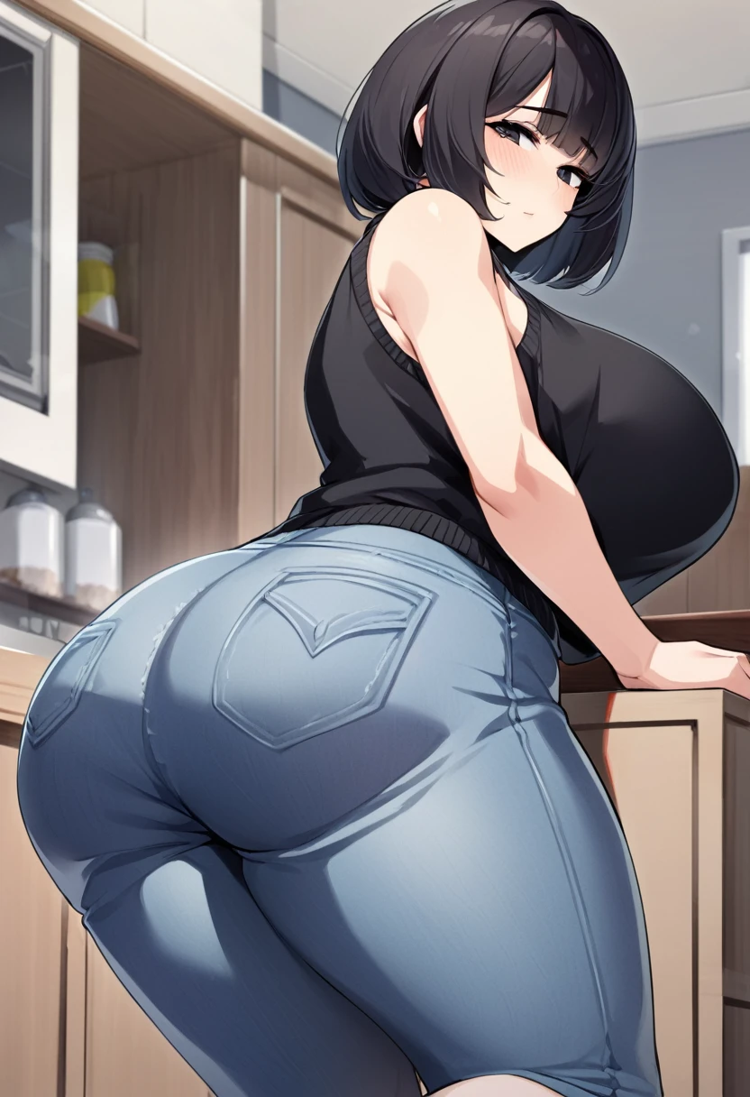 high quality,best quality,masterpiece,(((house wife))),28years old,solo young face,milf,black short bob hair, bangs,perfectly detailed black eyes,large breasts,large ass,curvy,wearing black sweater tops,sleeveless sweater,denim long pants,more young face,