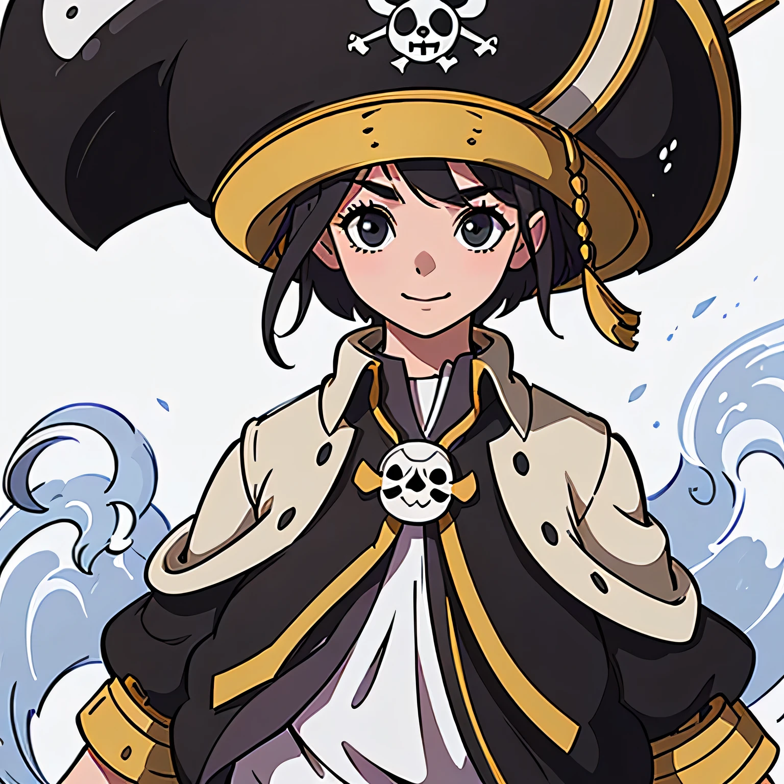 Highest quality、high resolution、distinct、detailed、character、woman、cute、Straw hat、Japanese、anime、2 heads、Black Hair、smile、pirate、White background, ((full body))、middle ages, (pirate)、short hair