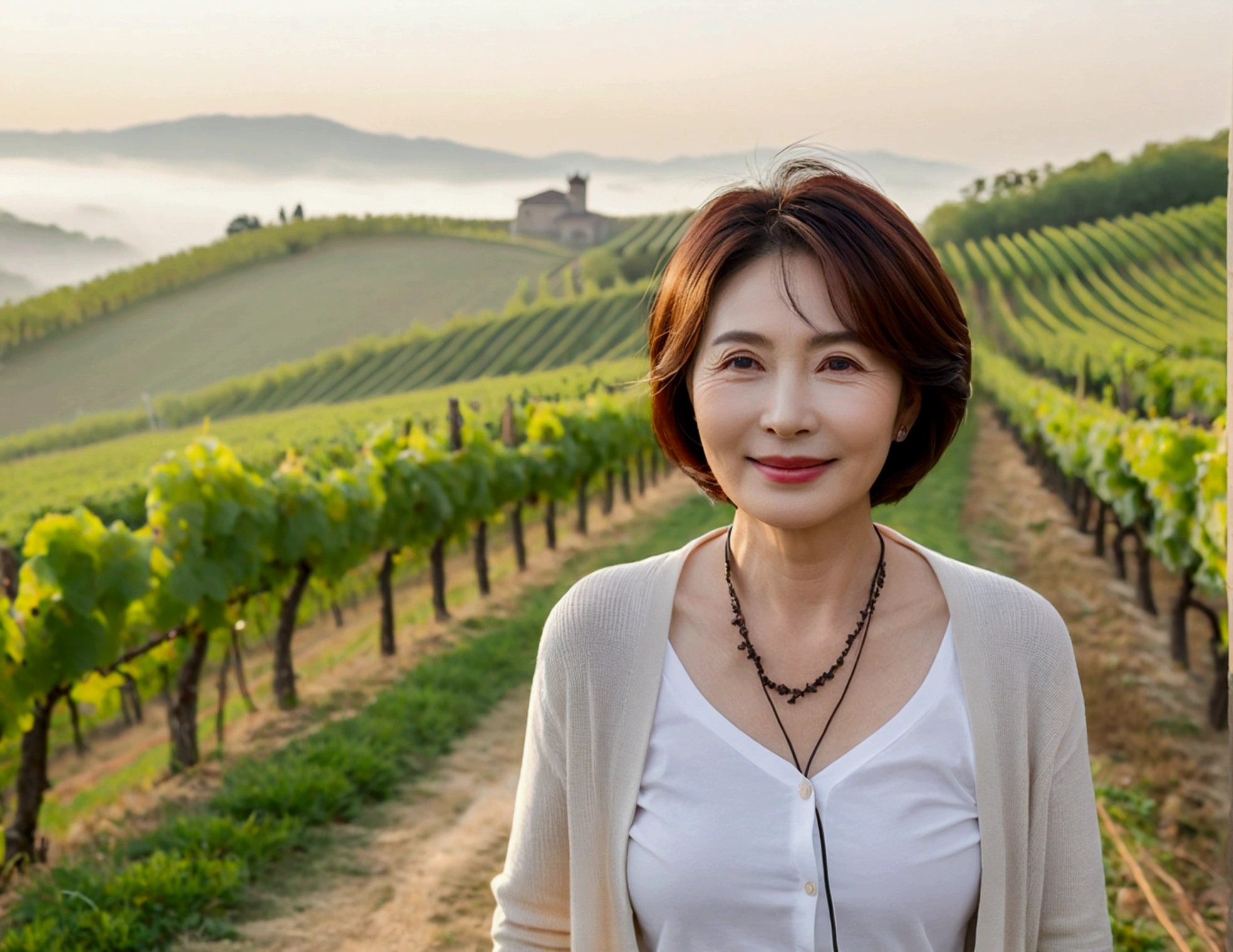 Italy foggy countryside dawn, Endless vineyards, A cathedral can be seen far away in the fog.. 50대 한국 여자 Wrinkles around the eyes, Wearing a short cardigan over a luxury brand white T-shirt, casual pants, Korean woman with beautiful medium bob hair, Standing on a path on top of a vineyard hill, Beautiful Korean woman with bright and clear skin, The neck line is clean and beautiful.. Stunning Korean woman smiling, standing in the vineyard, small black string necklace, 1 woman, Wrinkles around the eyes, Woman in her 50s, Your eyes are big and pretty