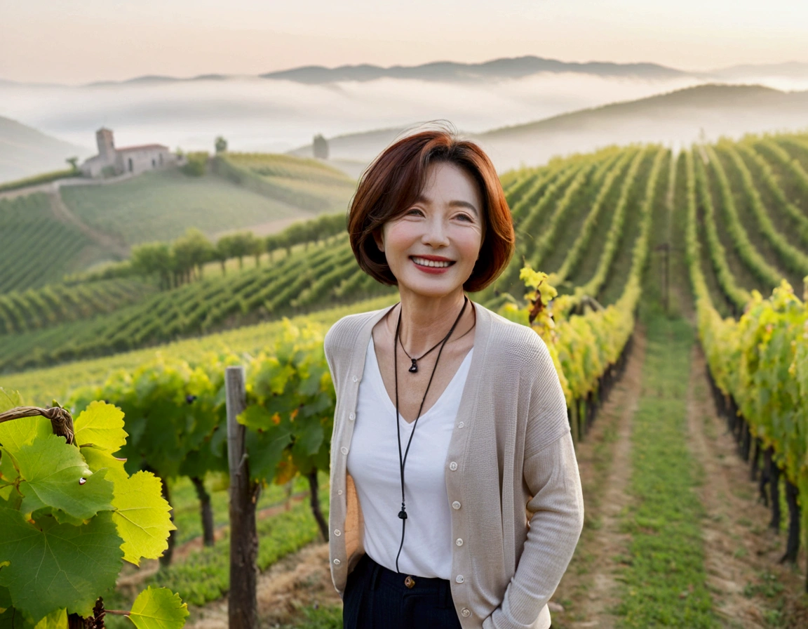 Italy foggy countryside dawn, Endless vineyards, A cathedral can be seen far away in the fog.. 50대 한국 여자 Wrinkles around the eyes, Wearing a short cardigan over a luxury brand white T-shirt, casual pants, Korean woman with beautiful medium bob hair, Standing on a path on top of a vineyard hill, Beautiful Korean woman with bright and clear skin, The neck line is clean and beautiful.. Stunning Korean woman smiling, standing in the vineyard, small black string necklace, 1 woman, Wrinkles around the eyes, Woman in her 50s, Your eyes are big and pretty