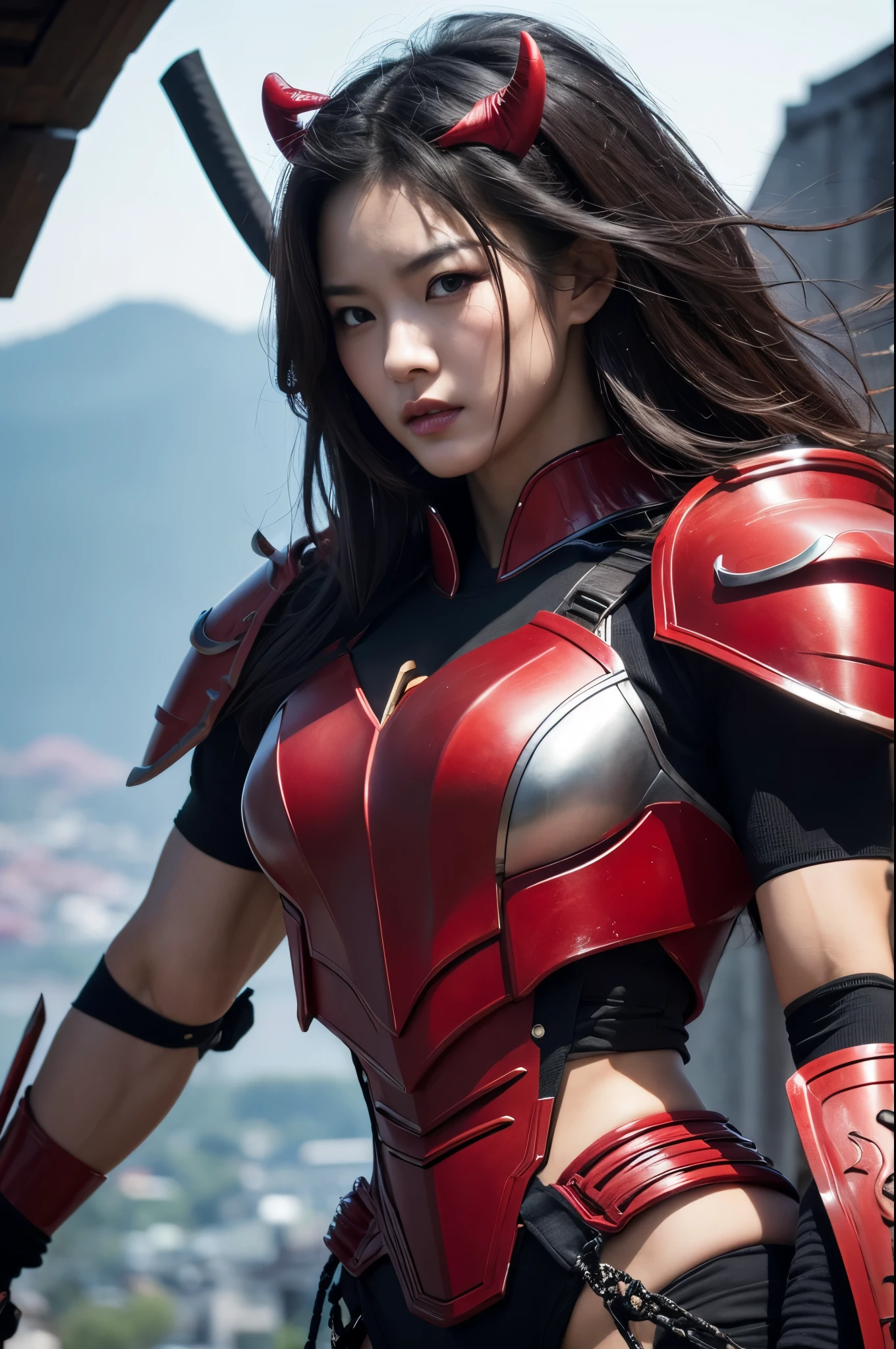 8k,(Samurai)、Devil Mask、Super Beauty(Like the real thing)、Red Armor Solo Adult Devil Woman、Muscular macho body type,Super Muscular Beauty,Bodybuilding,(Equipped with a long and large spear)、Mature Woman Big Woman Devil。Sturdy jaw(Like the real thing),Stand facing forward,Demon Armor,A wonderful work of art,((Kyoto Panel Style))、Wind effects:1.9、Cloud effect:1.2、Full Rendering,Devil makeup,masterpiece,Photorealistic RAW photos of the highest quality。Bright colors,Rich colors, Backlight, Cinema Lighting, Film Grain, 50mm lens, Nikon D850,Ultra-Realistic Skin,Fantasy art,Character Art,Ultra-high resolution,Realistic scale skins,Perfect hand shape,View your viewers,View your viewers,Top-down view,close,Uplifting,Dynamic fighting pose,Sexy chest,