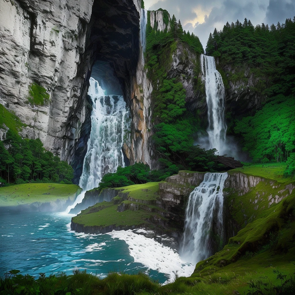 there is a waterfall that is flowing down a hill next to a forest, cave with waterfall, waterfall cave, impressive fantasy landscape, waterfalls and lakes, stunning nature in background, majestic nature scenery, waterfall falling into a lake, with waterfalls and river, alien waterfall, waterfalls in the background, epic beautiful landscape, breathtaking landscape, immense waterfall, lakes and waterfalls