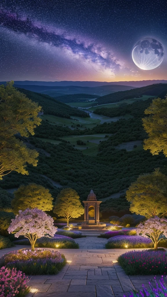 (Highly detailed CG Unity 8k wallpaper), The most beautiful works of art in the world, "Create a cinematic, dreamy, and beautiful realistic depiction of a vast flower field under a starry night. The landscape is enveloped in the darkness of midnight, with a sky full of stars casting a soft glow over the expansive flower field. The flowers, in a myriad of colors, stretch out as far as the eye can see, illuminated subtly by the starlight. The flowers exhibit a unique luminescence, with shades of blue, purple, white, and silver glowing softly in the dark. The gentle rustling of the flowers in the night breeze adds to the serene atmosphere. A faintly lit path winds through the flower beds, leading to small ponds and fountains that shimmer under the moonlight. In the distance, a mystical moon and countless stars enhance the tranquil beauty of the scene. At the edge of the flower field, ancient stone arches and statues stand, evoking the presence of a long-lost civilization. The depiction should capture the interplay between the night's darkness and the flowers' ethereal glow, creating a mesmerizing and enchanting scene that blends reality and fantasy.masterpiece,best quality,ultra detailed 