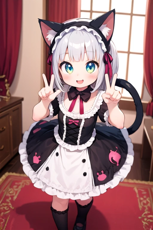 One girl,Cat girl,Animal ears,tail,View your viewers,A big smile,Hand Signs,Gothic Lolita,Colorful cute room,Heart Items,Lots of ribbons,Are standing,whole body,