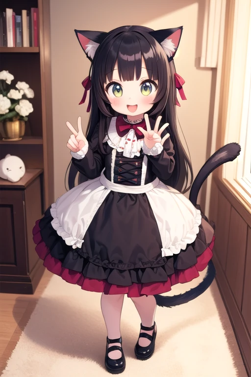 One girl,Cat girl,Animal ears,tail,View your viewers,A big smile,Hand Signs,Gothic Lolita,Colorful cute room,Heart Items,Lots of ribbons,Are standing,whole body,