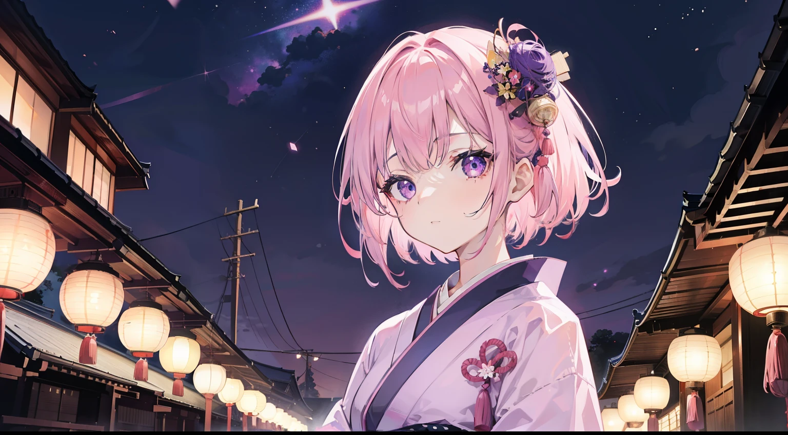 1girl, short light pink hair, purple eyes, wearing plain dark purple shirt, eye covering bang, sexy japanese kimono, city, night sky, lanterns, absurdres, high res, ultrasharp, 8K, masterpiece, looking at viewer