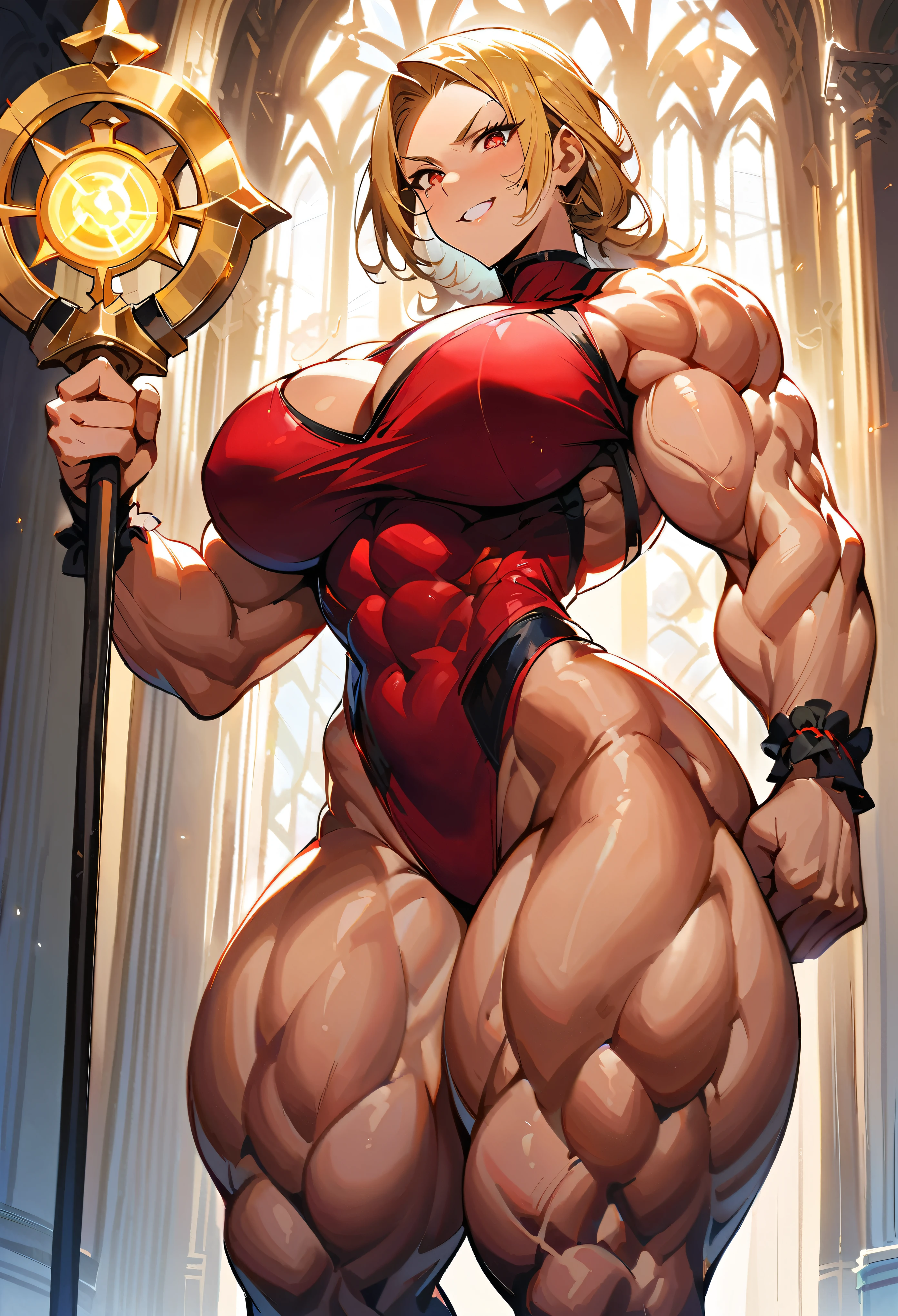 ((best quality)), ((masterpiece)), (detailed), (perfect anatomy), (exquisite clothing); Bedroom; 1girl, tall girl, solo, flexing biceps; Perfect face, yellow hair, hair, fanged bangs, sidelocks, cheek blush, red eyes, black pupils, proud, confident, smug grin; (Muscular:3.9), pumped up, (muscular veins), deltoids, trapezius, huge breasts, biceps, triceps, abs, obliques, long waist, wide hips, glutes, (muscular thighs:1.8),  church, pastor, holy girl, bright, light, staff