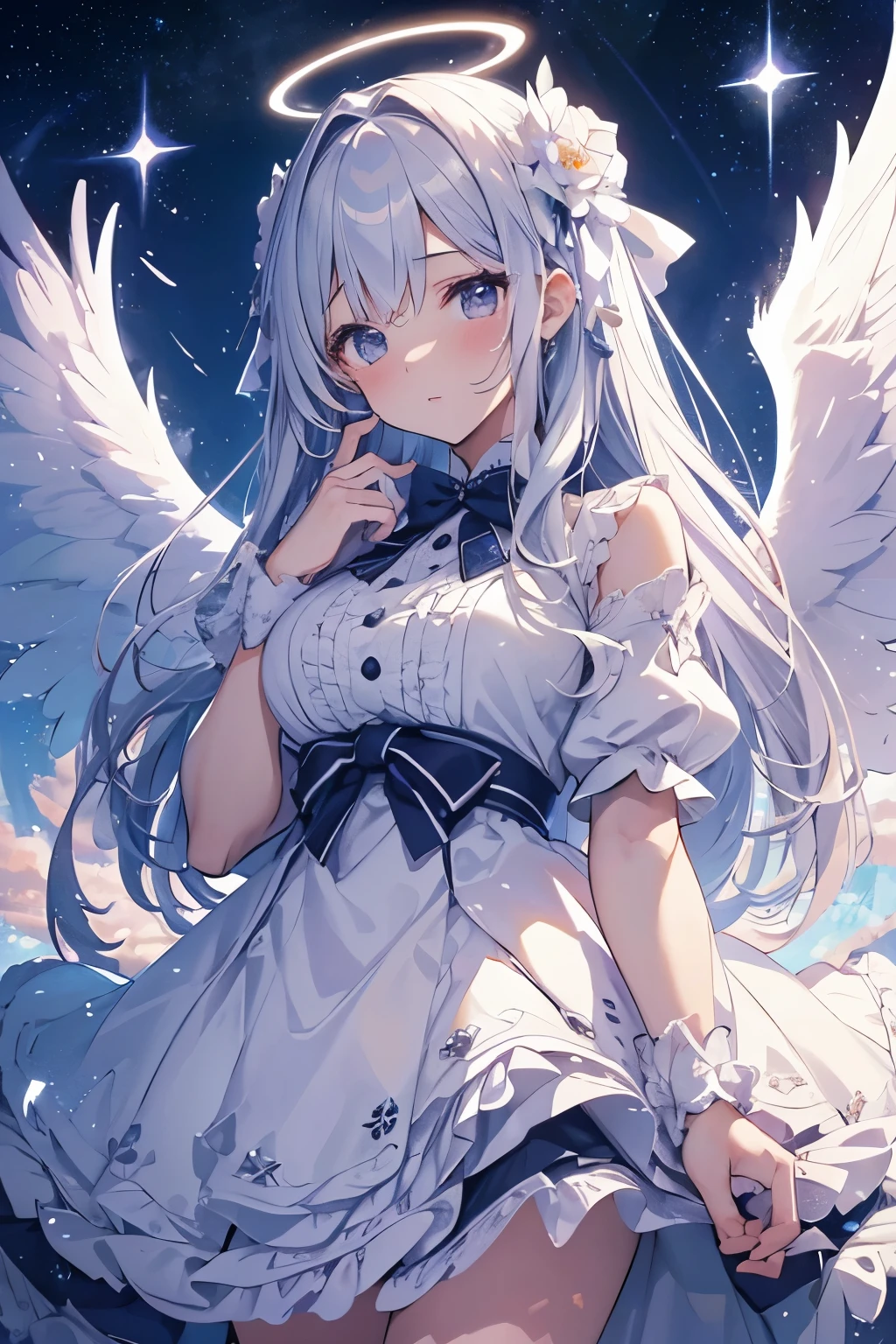 tmasterpiece, (Best quality:1.2), [:Complicated details:0.2], 1 plump girl,  Angelic, the angel's wings, White frills, (Daytime sky), A flashing halo, intense concentration, Burst energy, mystic symbols, scintillation particles,