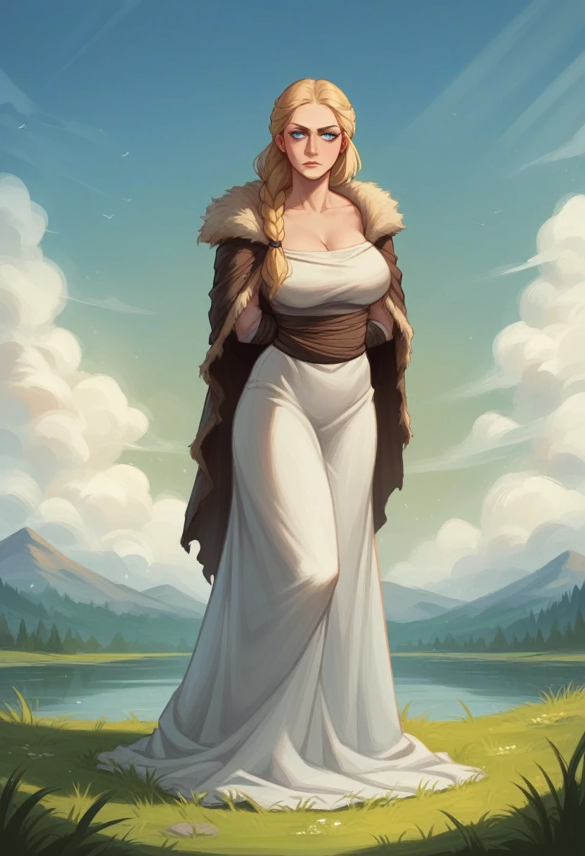 4K quality, ultra-high definition realism, busty MILF Viking Queen, wearing a plain beige long dress made of soft fabric that clings tightly to the skin, slim with large breasts, blue eyes and long eyelashes, blonde braided and tied up, a beautiful mature woman, standing on the grass by the lake, the wind is blowing from the lake, her hair and dress fluttering in the wind, lightly cloudy sky, black clouds in the distance, she is looking at the camera with a prayerful expression, the lakeside with the rocky surface of the fjord visible in the background, a few slit-like rays of sunlight shining on her, a photo with the atmosphere of a religious painting, the camera focuses on her beautiful whole body. She is profoundly serious.