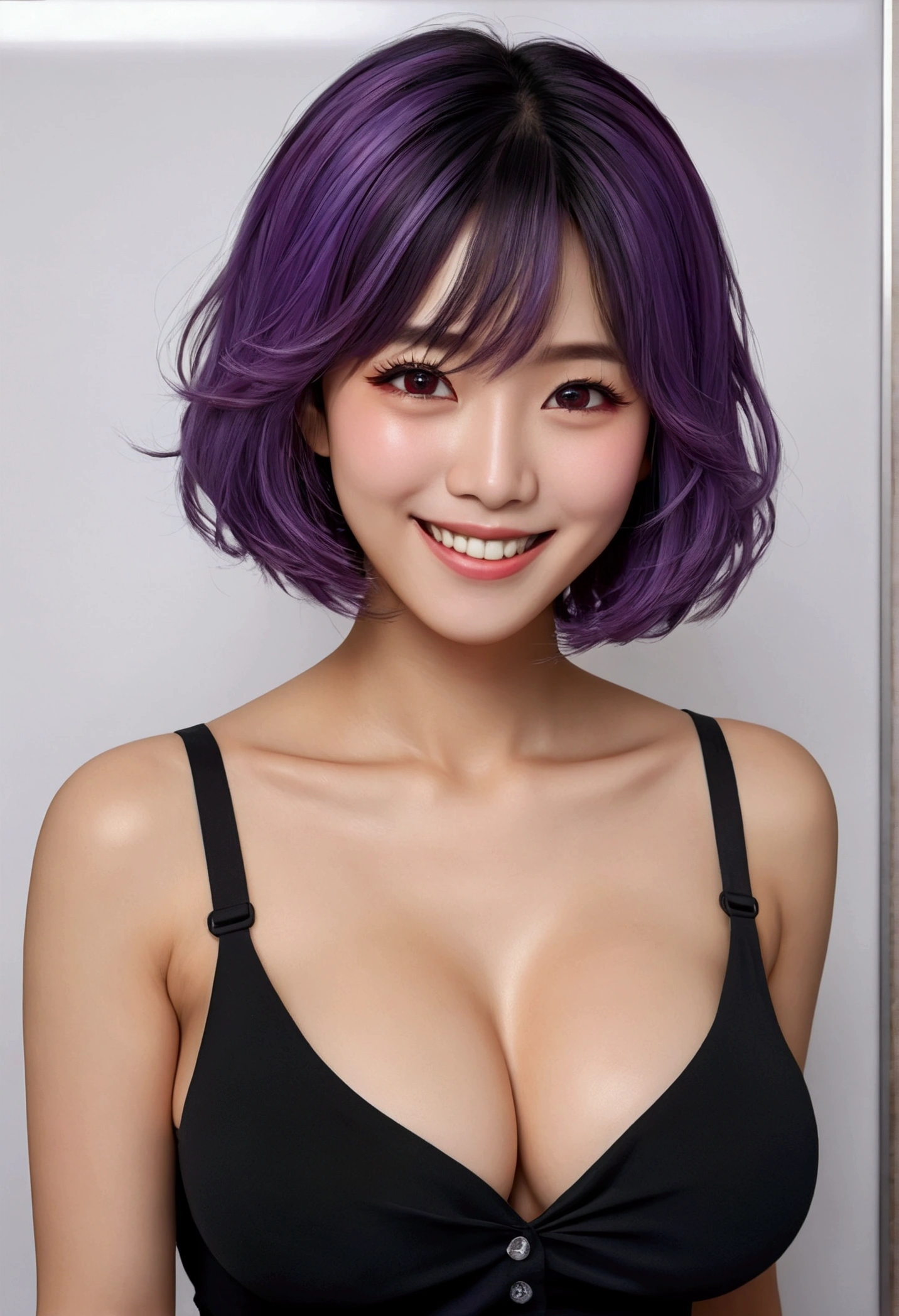purple eyes, (best quality, masterpiece painting:1.2), Oboro, mature female, 26yo, (full body shot:1.3), , , (happy, smile, caring look:1.5), purple hair, short hair, stacked bob hair, (large breasts:1.2), (narrow waist:1.1), cleavage, perfect body, (athletic body:1.1), soft skin, anime face, perfect face, (perfect eyes:1.1), purple irises, anime eyes, smoky eyeliner, eyeshadow, asian, looking at viewer, smart, whiteboard background, classroom, sharp focus, intricate details, professional artwork, (vibrant colors:1.1), vivid colors, Diffused lighting, digital blending, ultra detailed body, ultra detail hair, ultra detail face, trending on pixiv, top button opened,