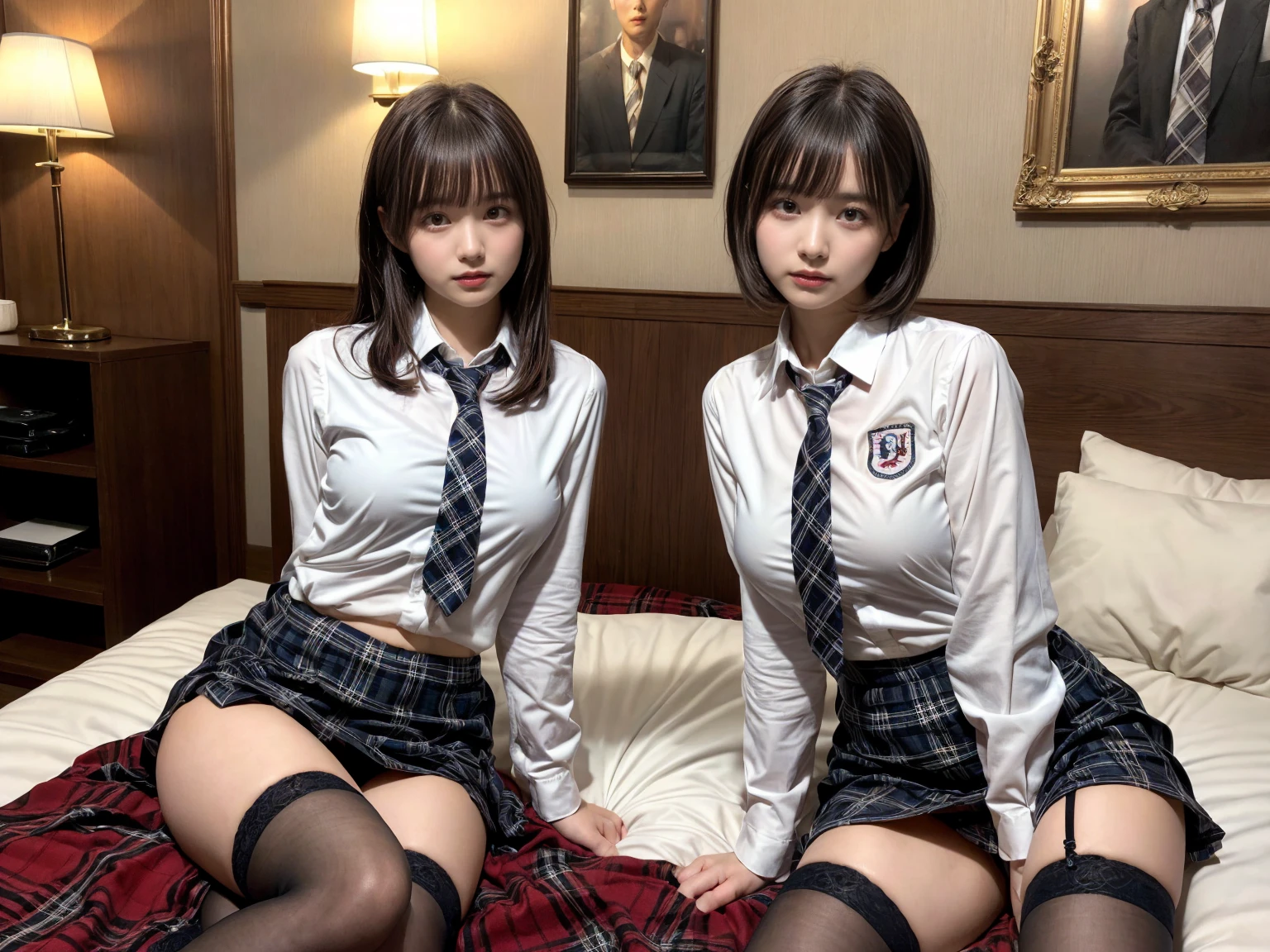 masterpiece, best quality, illustration, Super detailed, fine details, High resolution, 8K,wall paper, perfect dynamic composition,(Details High quality, realistic depiction of eyes:1.3), (2 girls), (white school shirt :1.2), (plaid skirt :1.3), tie black, black thigh-high stockings, sitting, open legs, short bob hair, in a hotel room in the background, deep on field, large breasts, black hair color, Big Natural Color Lip, (perfect body shape), crying a little、Harajuku style、20 year old girl、cute type、beautiful legs, Gravure Idol