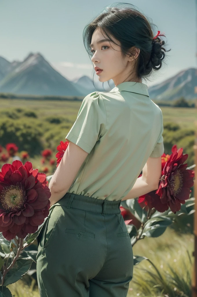 (((best quality))),(((ultra detailed))),(((masterpiece))),illustration,((1 beautiful girl,tomboy,solo)),(short black hair:1.3),((slim,thin)), vigorous, confident, (light green collared short-sleeved shirt:1.3), (dark green pants:1.2),(standing:1.3),simplicity, robustness, strong features, (Abandoned Gobi Scene:1.3),(Rock surface:1.2),glowing eyes, rebellious, sensible, (mountainous landscape:1.3), (beside a vibrant red flower:1.3),elegance, unyielding spirit, youthful beauty, strength, resilience, adversity, challenges,((from back,upper body))