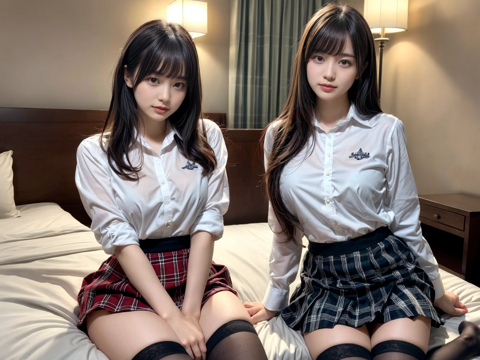masterpiece, best quality, illustration, Super detailed, fine details, High resolution, 8K,wall paper, perfect dynamic composition,(Details High quality, realistic depiction of eyes:1.3), (2 girls), (white school shirt :1.2), (plaid skirt :1.3), tie black, black thigh-high stockings, sitting, open legs, short bob hair, in a hotel room in the background, deep on field, large breasts, black hair color, Big Natural Color Lip, (perfect body shape), crying a little、Harajuku style、20 year old girl、cute type、beautiful legs, Gravure Idol