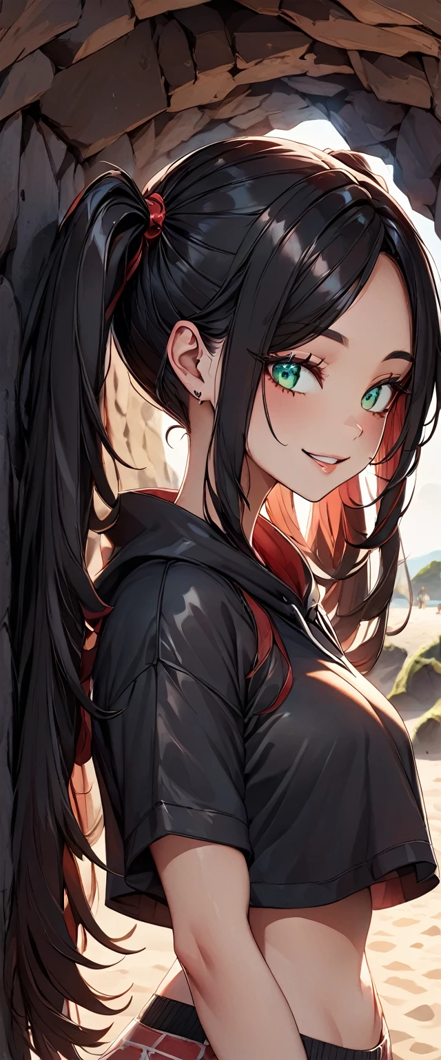 Photo of a girl with natural skin, ((Baby Face)), Grinning, Smiling, Tilt your head, From the side, Round face, A girl wearing mainly black and red, Upper Body, Beach cave, The light is shining in, High Twintails, Black hair with red mesh, Sharp eyes with red eyeshadow, Blue-green eyes, Shining eyes, A thin, upturned nose, Well-shaped lips, ((crop top overhang, Short sleeve, Black clothes, Thighs, Glamour body)), Makeup, Exquisitely crafted with the utmost attention to detail, Vibrant, amazing, Smooth, Cinematic, 4K, Backlight, (()), Shallow depth of field, ((Detailed eyes:1.3, Detailed lips:1.3, high quality, )), masterpiece, Super detailed images, High quality