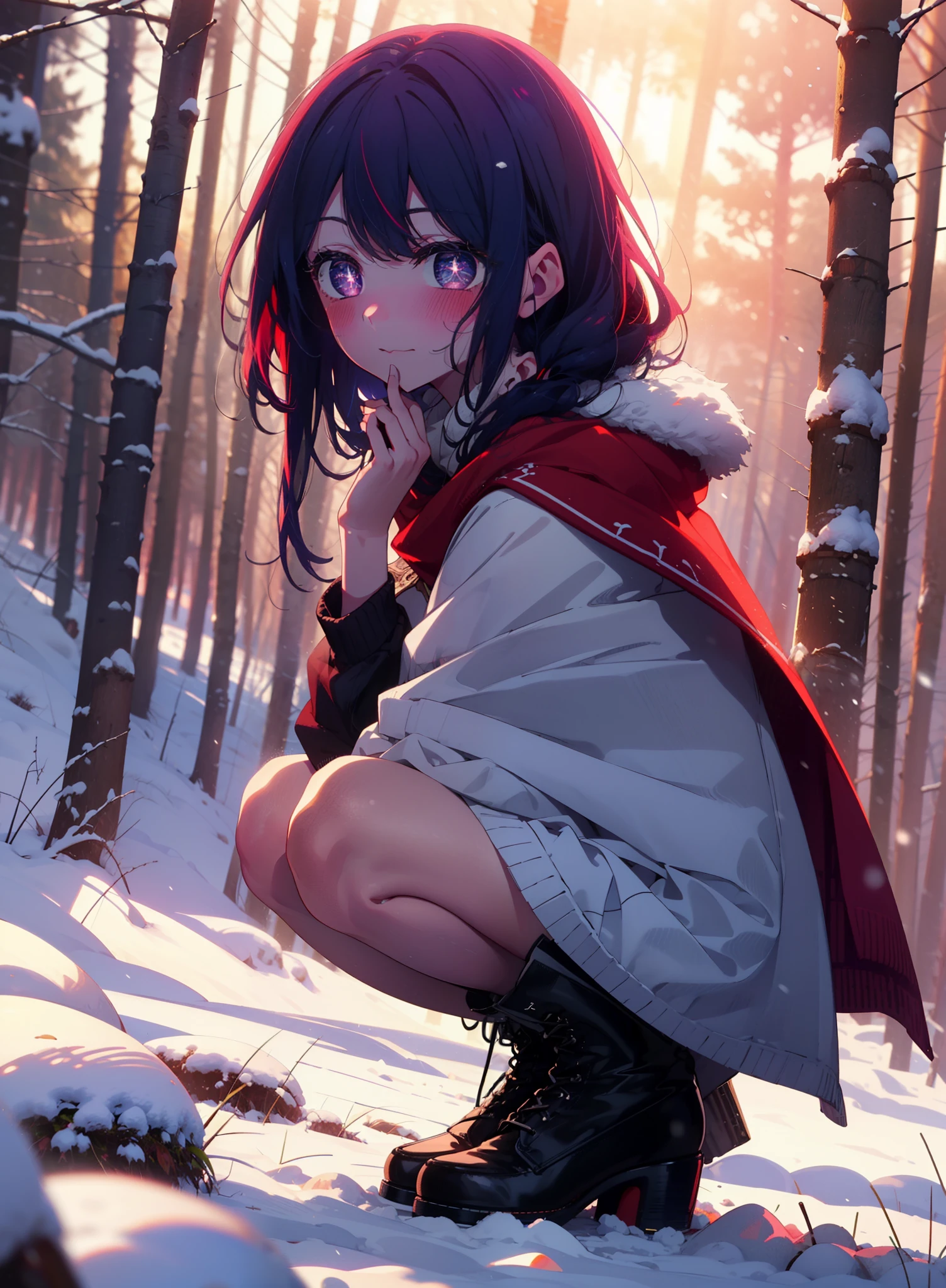 aihoshino, Ai Hoshino, Long Hair, bangs, (Purple eyes:1.1), Purple Hair, (Symbol-shaped pupil:1.5), smile,,smile,blush,white breath,
Open your mouth,snow,Ground bonfire, Outdoor, boots, snowing, From the side, wood, suitcase, Cape, Blurred, , forest, White handbag, nature,  Squat, Mouth closed, Cape, winter, Written boundary depth, Black shoes, red Cape break looking at viewer, Upper Body, whole body, break Outdoor, forest, nature, break (masterpiece:1.2), Highest quality, High resolution, unity 8k wallpaper, (shape:0.8), (Beautiful and beautiful eyes:1.6), Highly detailed face, Perfect lighting, Extremely detailed CG, (Perfect hands, Perfect Anatomy),