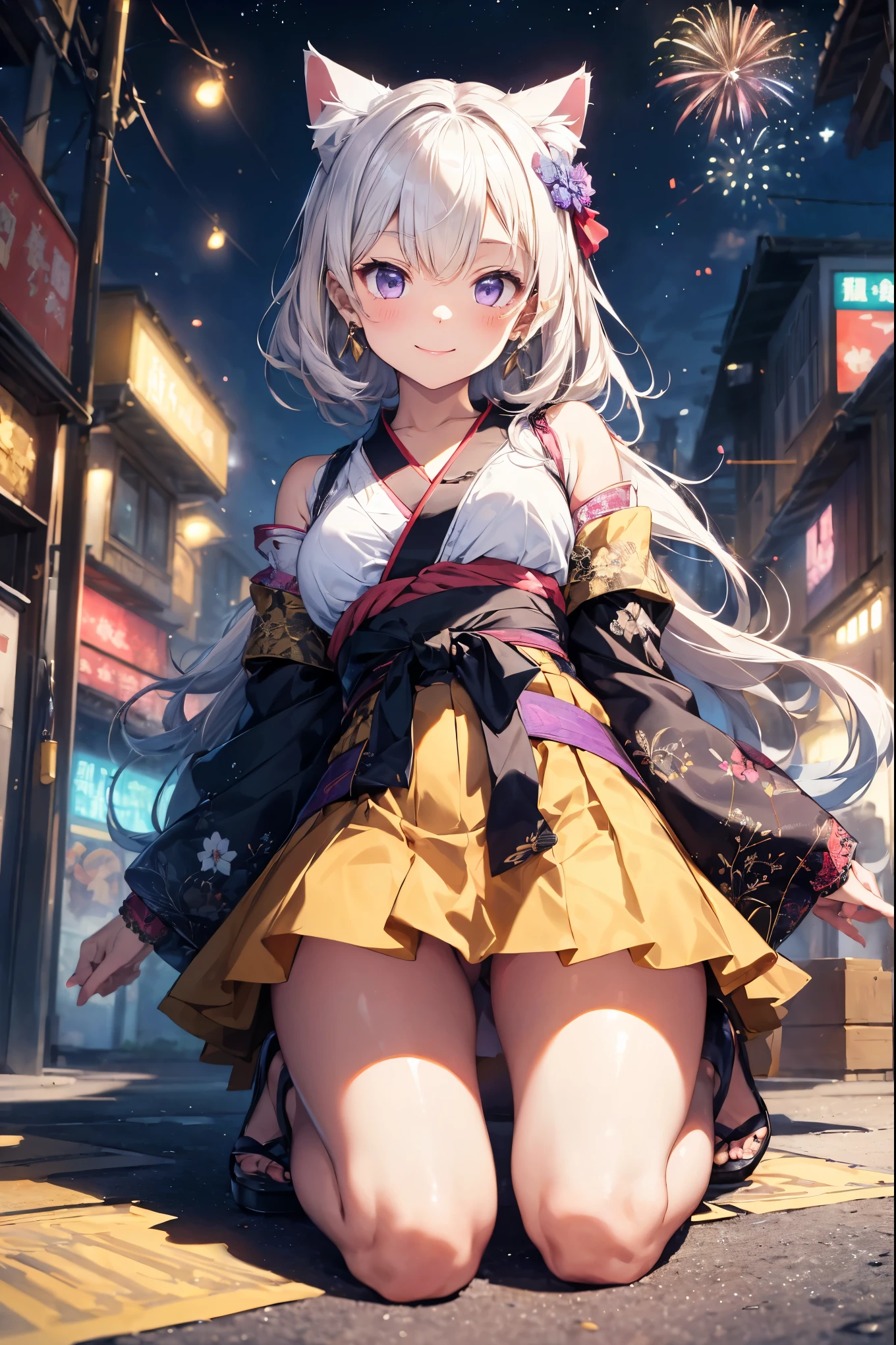 (((masterpiece))), (((Highest quality))), ((Very detailed)), ((Very detailedなイラスト)), ((Ultra-fine painting)), (16K Highest quality wallpaper:1.4), (Detailed and elaborate illustration style,:1.8) Detailed skin texture, High quality fabric, , (T-masterpiece), (Very detailedな顔:1.4), original, RAW Photos, Professional, Intricate details, Very detailed, Direct sunlight:1.6, ,(Cowboy Shot:1.9)、(Perfect Anatomy:1.4), (Extremely elaborate hands:1.2), (Very elaborate fingers:1.2), (Very elaborate fingers先:1.2),, (alone:1.6), (beautiful and adorable cat ears:1.6), (Intricate and delicate white cat ears:1.5), (beautiful, Shiny white hair:1.6), (Very fine and delicate white hair:1.4),, (Very detailedな顔:1.4),(Light purple eyes:1.6),(smile:1.4),(wariza:1.9),//Character
1girl,
BREAK
//Fashions 
Fireworks-Inspired Modern Kimono
A contemporary twist on the traditional kimono featuring a shorter, above-the-knee length and a fitted waist, The kimono is made of a lightweight, flowing fabric in a deep navy blue, adorned with intricate, multicolored fireworks patterns that shimmer with metallic threads, The sleeves are wide and flared, ending just above the wrist, 
BREAK
The obi belt is replaced with a sleek, wide satin sash in a contrasting bright red, tied in a large bow at the back, Pair this modern kimono with strappy red sandals and a delicate gold hairpin adorned with tiny firework motifs, Accessorize with simple gold earrings and a matching bracelet, Style the hair in loose waves, pinned back on one side with the hairpin, Opt for a subtle makeup look with a focus on a bold red lip and a hint of shimmer on the eyelids,
BREAK