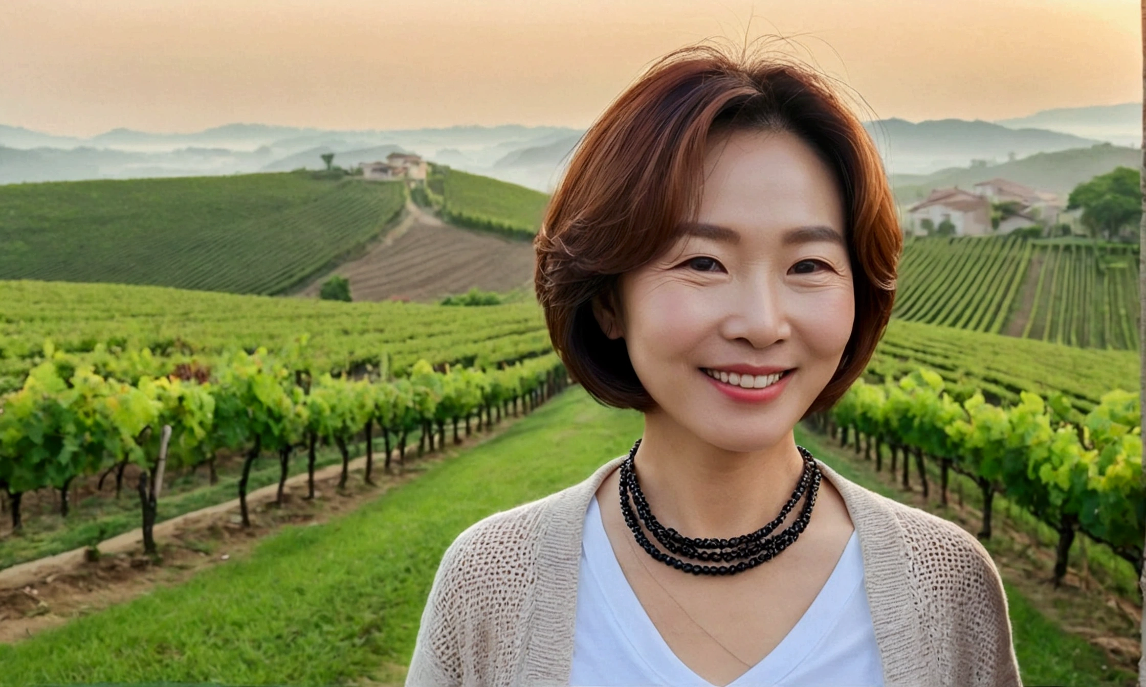 Italy foggy countryside dawn, Endless vineyards, A cathedral can be seen far away in the fog.. 50대 한국 여자 Wrinkles around the eyes, Wearing a short cardigan over a luxury brand white T-shirt, casual pants, Korean woman with beautiful short medium bob hair, Standing on a path on top of a vineyard hill, Beautiful Korean woman with bright and clear skin, The neck line is clean and beautiful.. Stunning Korean woman smiling, standing in the vineyard, small black string necklace, 1 woman, Wrinkles around the eyes, Woman in her 50s, Your eyes are big and pretty. Show the pants part