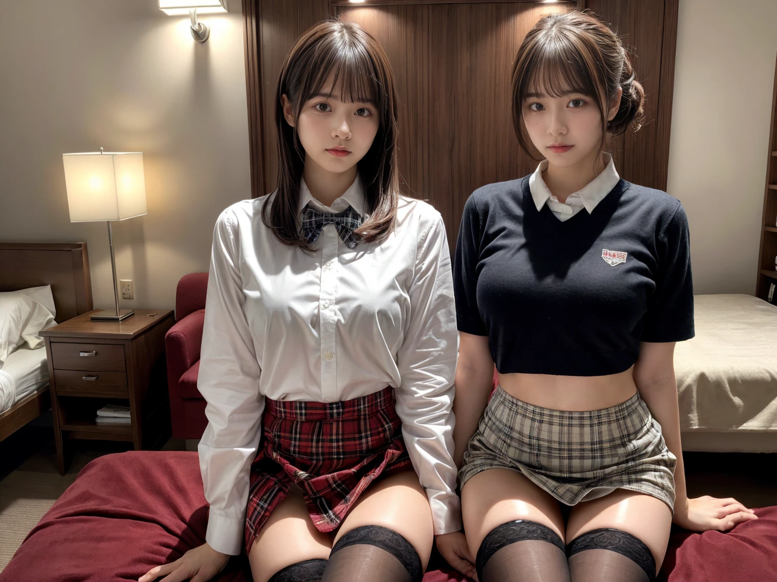 masterpiece, best quality, illustration, Super detailed, fine details, High resolution, 8K,wall paper, perfect dynamic composition,(Details High quality, realistic depiction of eyes:1.3), (2 girls), (white school shirt :1.2), (plaid skirt :1.3), tie black, black thigh-high stockings, sitting, open legs, short bob hair, in a hotel room in the background, deep on field, large breasts, black hair color, Big Natural Color Lip, (perfect body shape), crying a little、Harajuku style、20 year old girl、cute type、beautiful legs, Gravure Idol